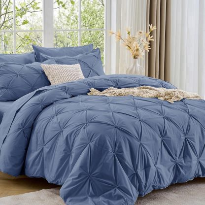 Sasttie Queen Comforter Set, 7-Piece Bed in a Bag, Pintuck Bedding Sets for All Season, Includes Comforter, Flat Sheet, Fitted Sheet, Pillowcases and Pillowshams, Beige