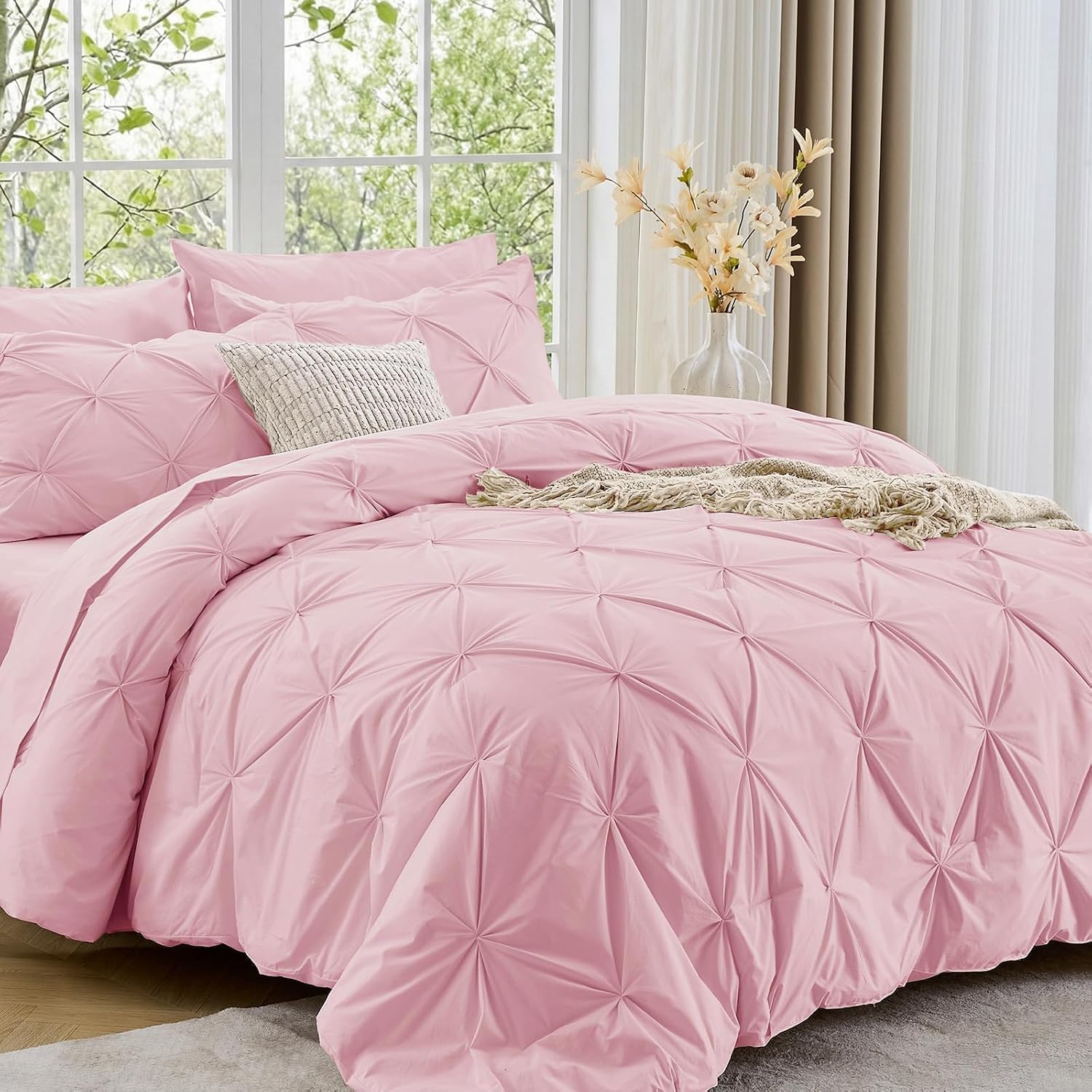 Sasttie Queen Comforter Set, 7-Piece Bed in a Bag, Pintuck Bedding Sets for All Season, Includes Comforter, Flat Sheet, Fitted Sheet, Pillowcases and Pillowshams, Beige