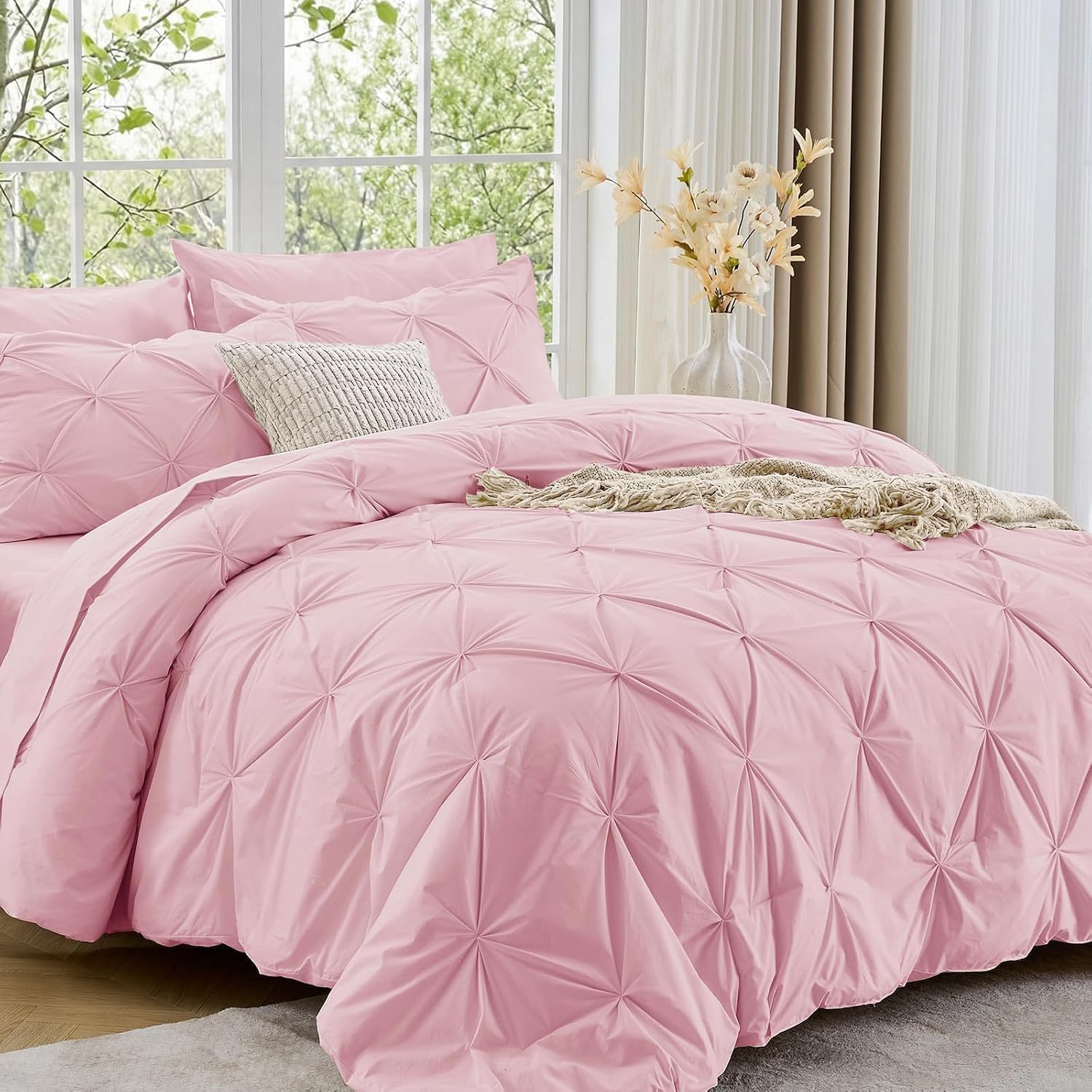 Sasttie Queen Comforter Set, 7-Piece Bed in a Bag, Pintuck Bedding Sets for All Season, Includes Comforter, Flat Sheet, Fitted Sheet, Pillowcases and Pillowshams, Beige