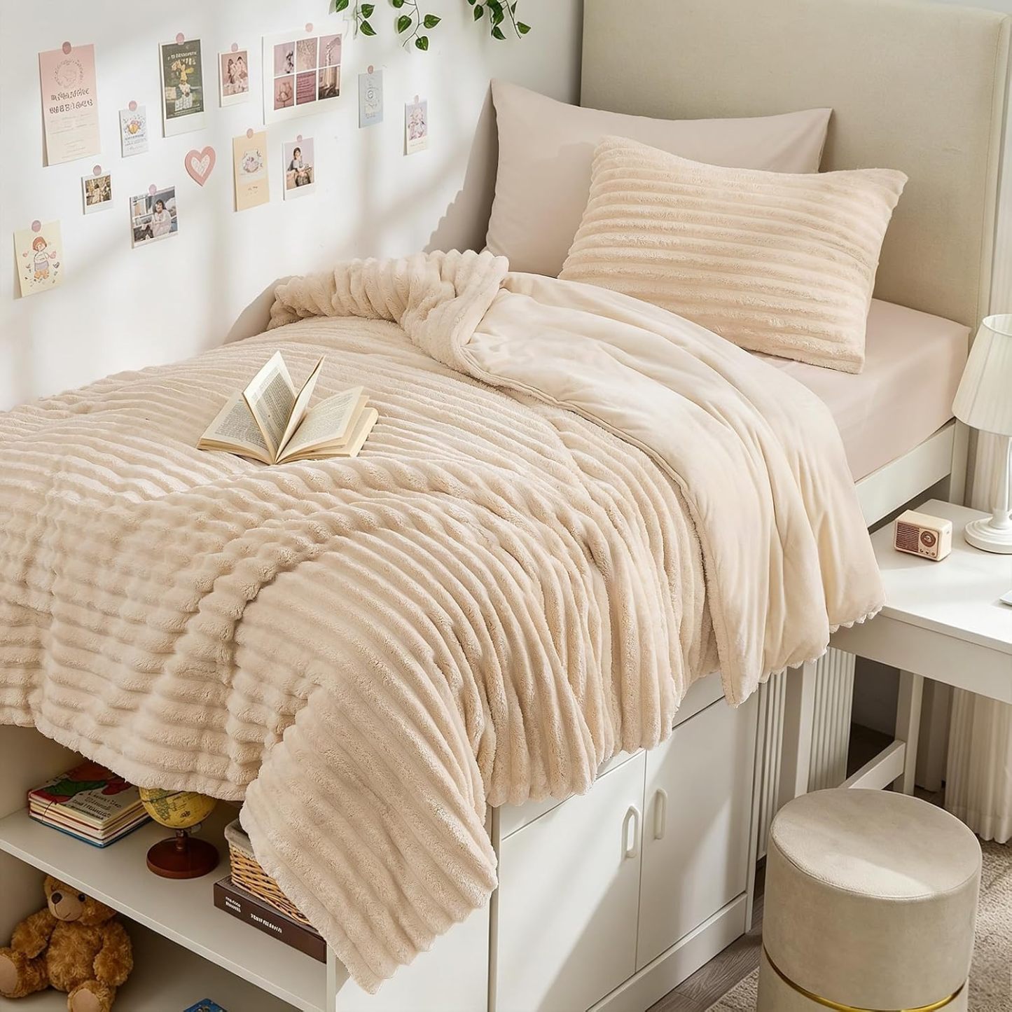 Sasttie Fluffy Queen Comforter Set, 3 PC Soft Fleece Bedding, Cream White | Marshmallow Bedding Set with 2 Pillowcases, Warm & Fuzzy Faux Fur Down Alternative, OEKO-TEX Certified