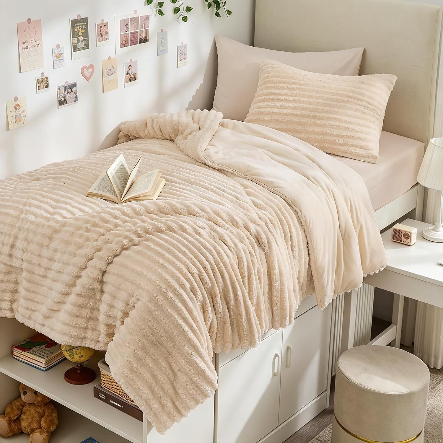 Sasttie Fluffy Queen Comforter Set, 3 PC Soft Fleece Bedding, Cream White | Marshmallow Bedding Set with 2 Pillowcases, Warm & Fuzzy Faux Fur Down Alternative, OEKO-TEX Certified