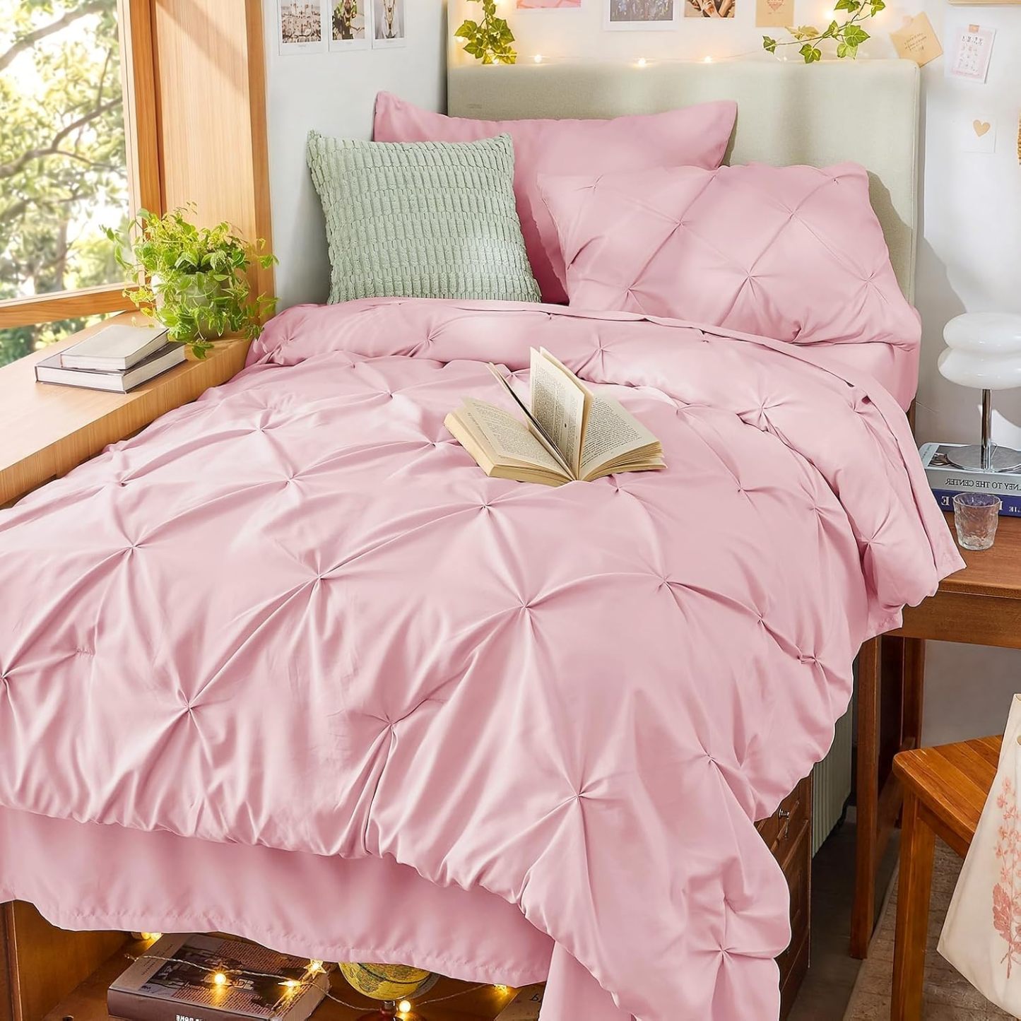 Sasttie Queen Comforter Set, 7-Piece Bed in a Bag, Pintuck Bedding Sets for All Season, Includes Comforter, Flat Sheet, Fitted Sheet, Pillowcases and Pillowshams, Beige