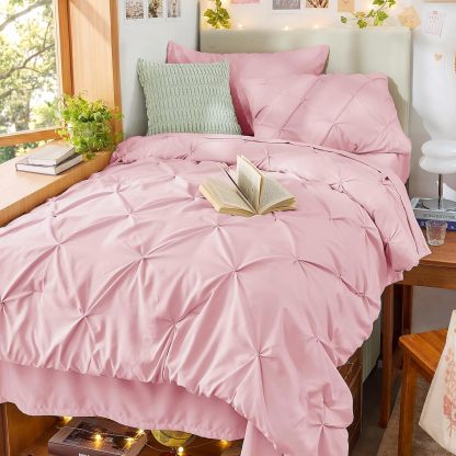 Sasttie Twin Comforter Set, 5-Piece Bed in a Bag, Pintuck Bedding Sets for All Season, Includes Comforter, Flat Sheet, Fitted Sheet, Pillowcase and Pillowsham, Baby Pink