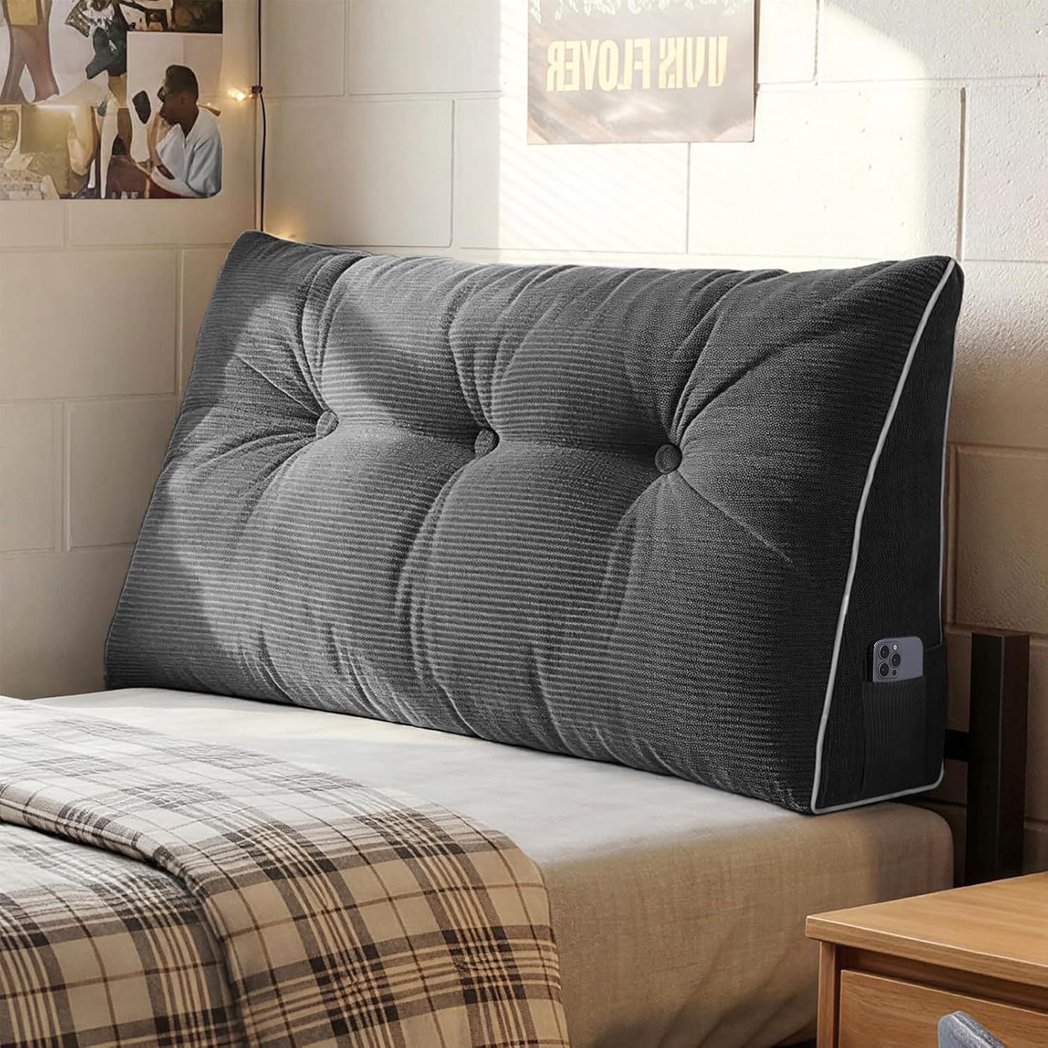 Sasttie Headboard Pillow Queen, Wedge Pillow Headboard, Dark Grey | Triangle Backrest Cushion for Sitting or Reading in Bed, Dorm Essentials, OEKO-TEX, Down Alternative Fill, Side Pockets