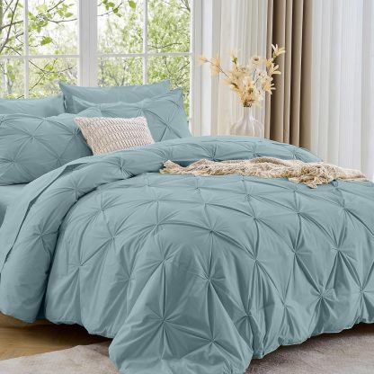 Sasttie Queen Comforter Set, 7-Piece Bed in a Bag, Pintuck Bedding Sets for All Season, Includes Comforter, Flat Sheet, Fitted Sheet, Pillowcases and Pillowshams, Beige