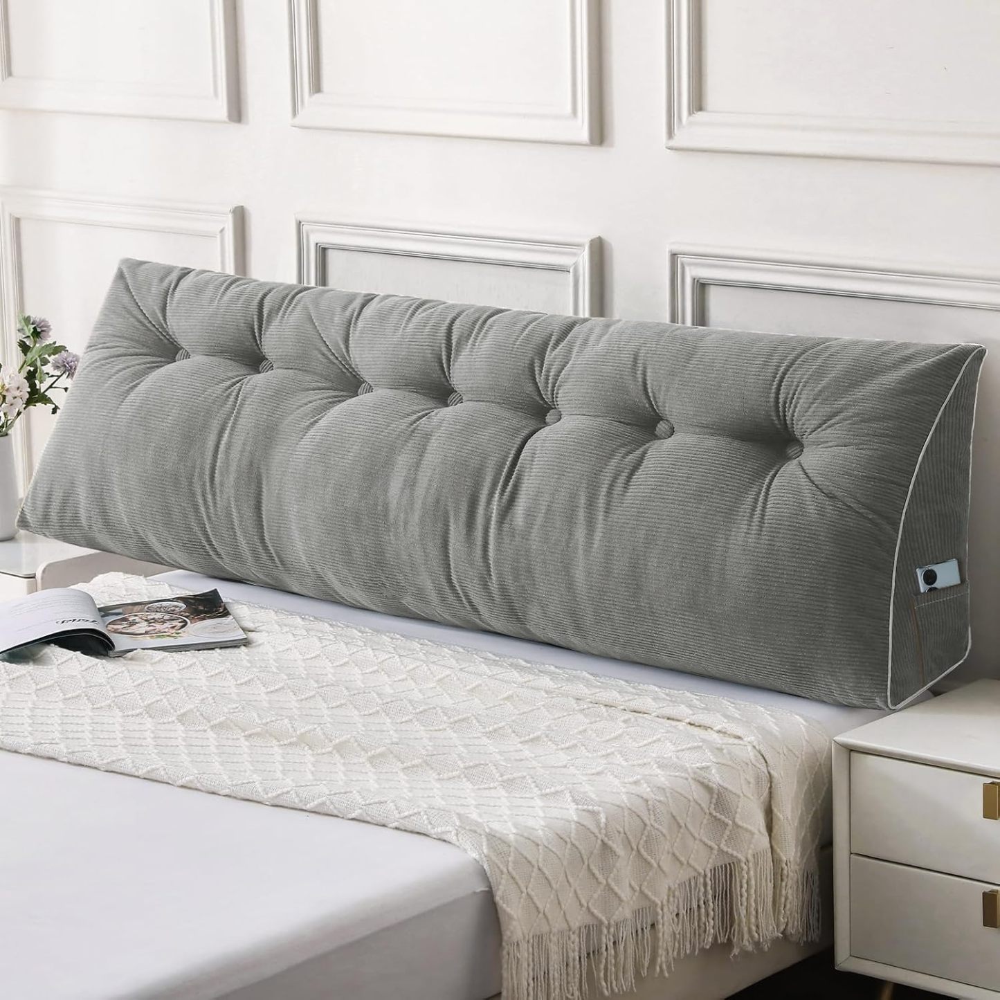 Sasttie Headboard Pillow Queen, Wedge Pillow Headboard, Dark Grey | Triangle Backrest Cushion for Sitting or Reading in Bed, Dorm Essentials, OEKO-TEX, Down Alternative Fill, Side Pockets