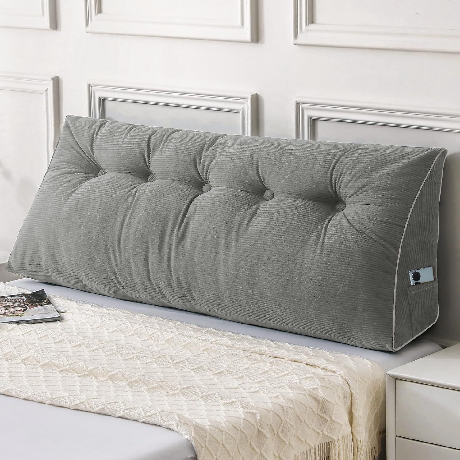 Sasttie Headboard Pillow Queen, Wedge Pillow Headboard, Dark Grey | Triangle Backrest Cushion for Sitting or Reading in Bed, Dorm Essentials, OEKO-TEX, Down Alternative Fill, Side Pockets