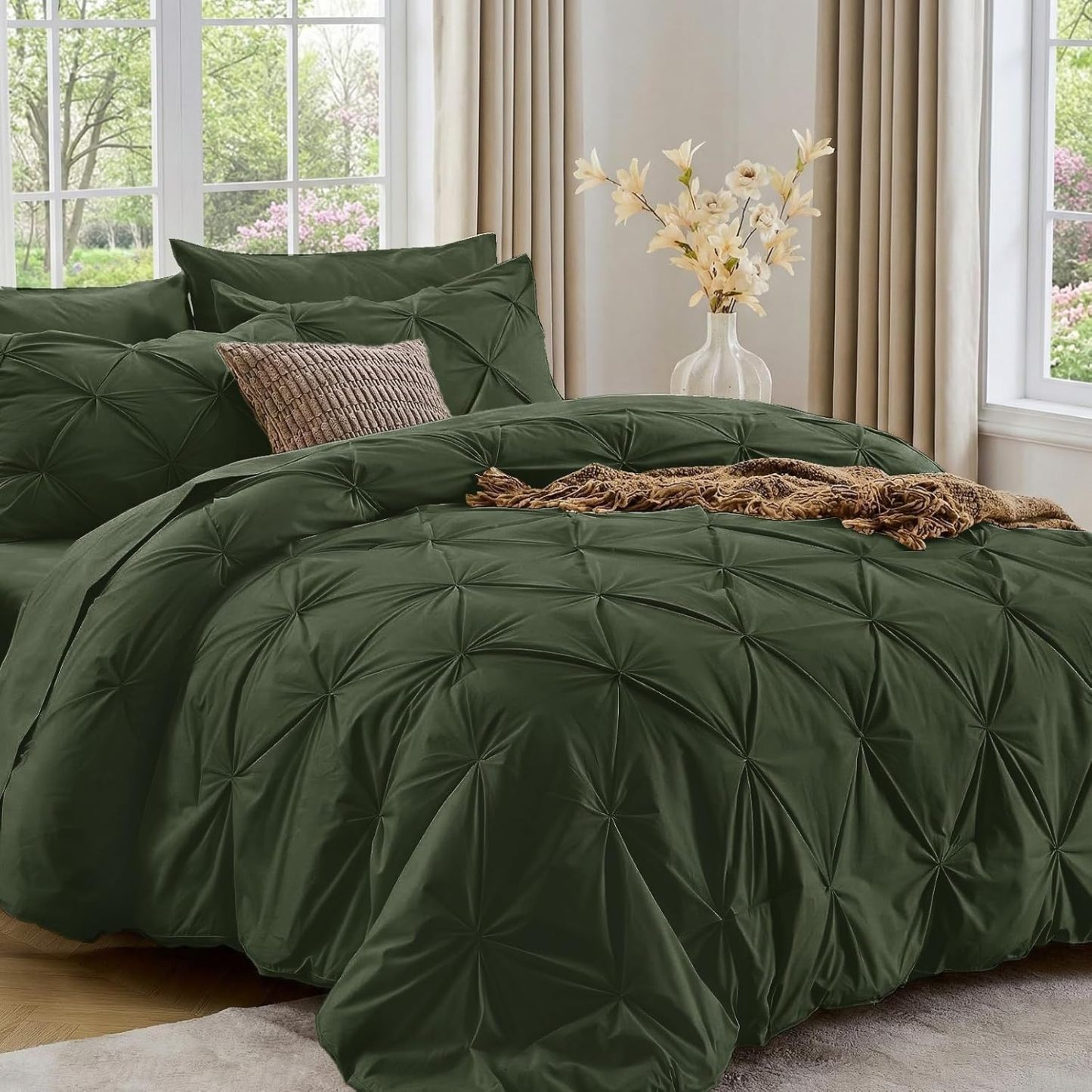 Sasttie Queen Comforter Set, 7-Piece Bed in a Bag, Pintuck Bedding Sets for All Season, Includes Comforter, Flat Sheet, Fitted Sheet, Pillowcases and Pillowshams, Beige