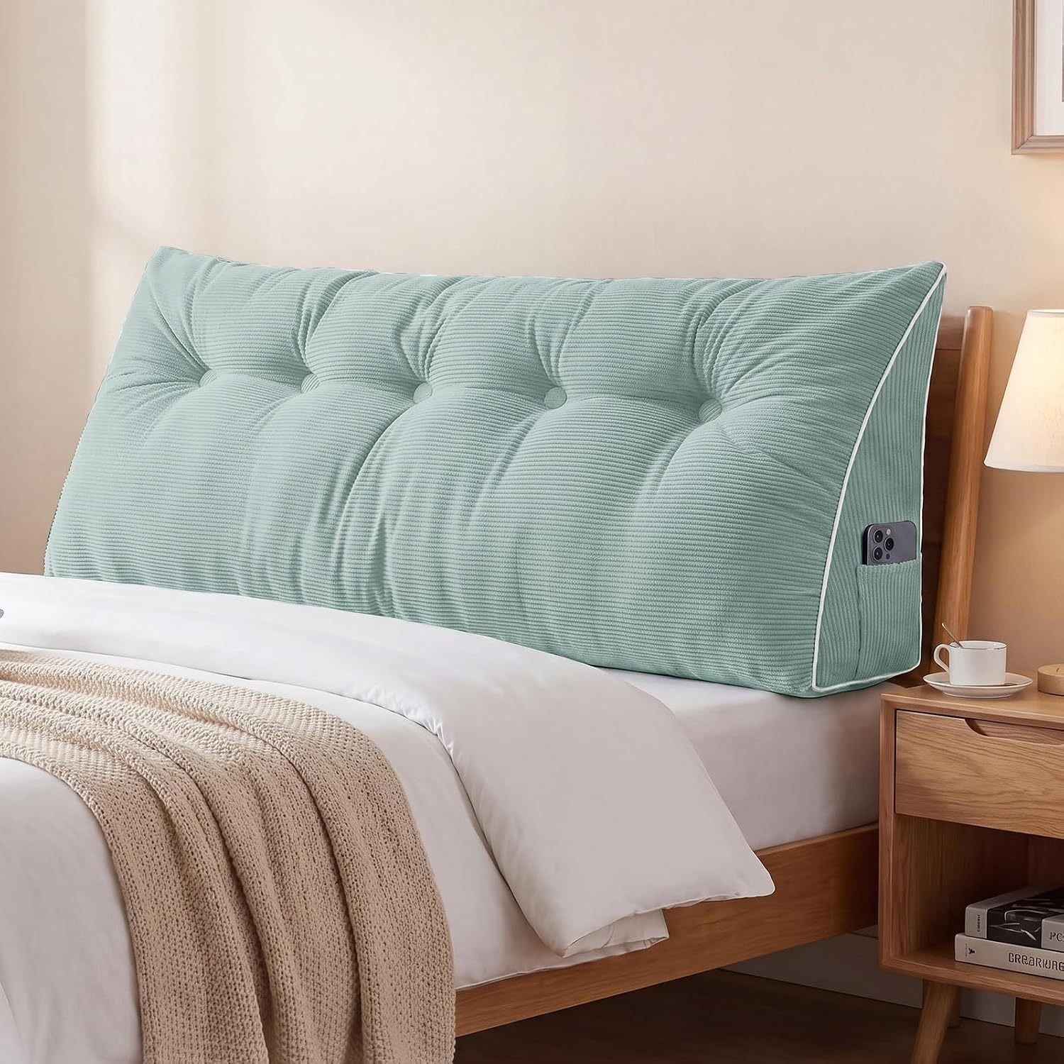Sasttie Headboard Pillow Queen, Wedge Pillow Headboard, Dark Grey | Triangle Backrest Cushion for Sitting or Reading in Bed, Dorm Essentials, OEKO-TEX, Down Alternative Fill, Side Pockets