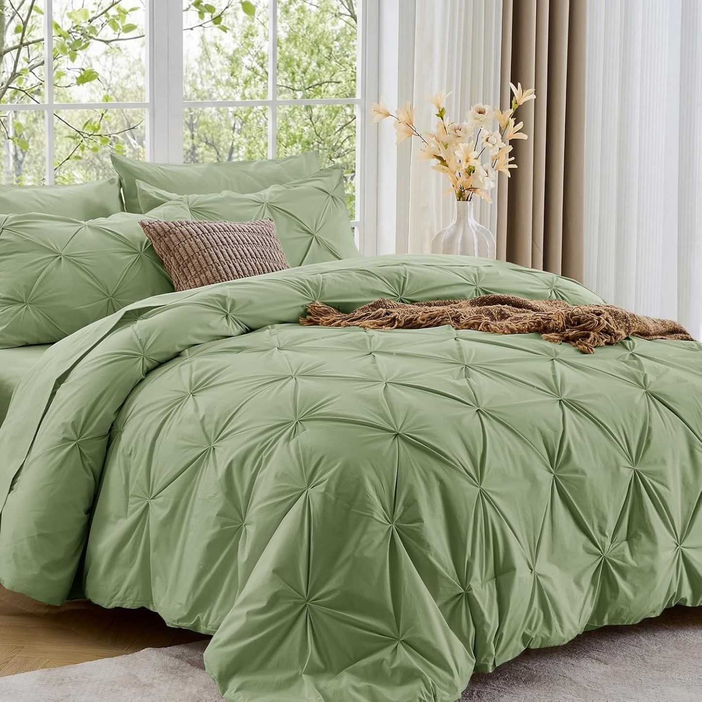 Sasttie Queen Comforter Set, 7-Piece Bed in a Bag, Pintuck Bedding Sets for All Season, Includes Comforter, Flat Sheet, Fitted Sheet, Pillowcases and Pillowshams, Beige