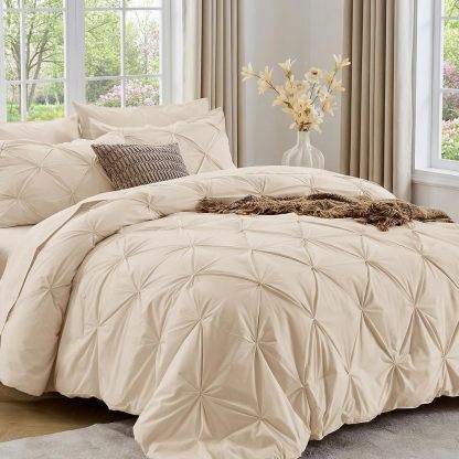 Sasttie Queen Comforter Set, 7-Piece Bed in a Bag, Pintuck Bedding Sets for All Season, Includes Comforter, Flat Sheet, Fitted Sheet, Pillowcases and Pillowshams, Beige