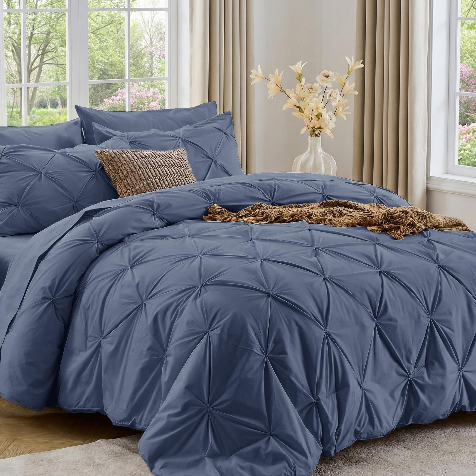 Sasttie Comforter Set, 5/7-Piece Bed in a Bag, Pintuck Bedding Sets for All Season, Includes Comforter, Flat Sheet, Fitted Sheet, Pillowcase and Pillowsham, Baby Pink