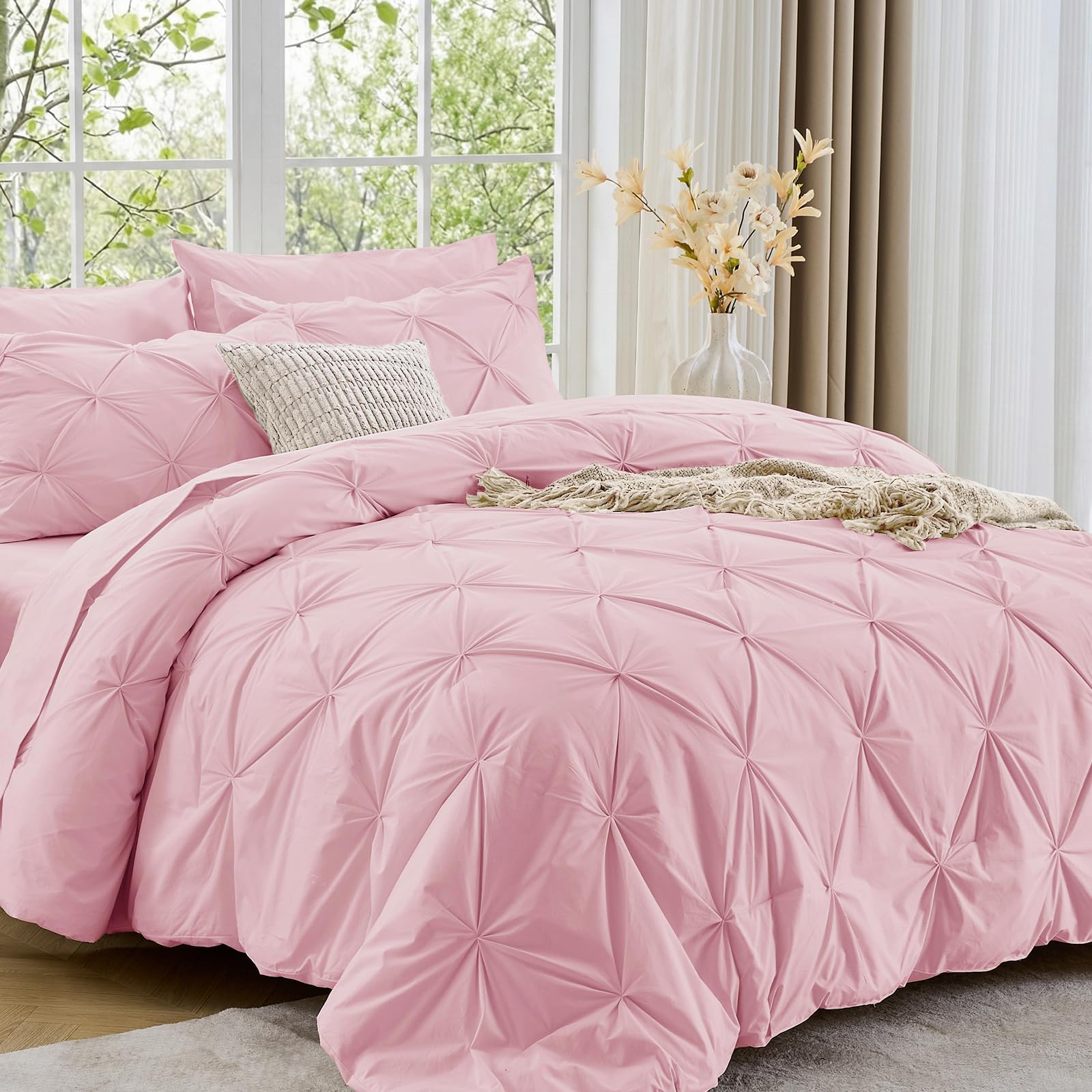 Sasttie Twin Comforter Set, 5-Piece Bed in a Bag, Pintuck Bedding Sets for All Season, Includes Comforter, Flat Sheet, Fitted Sheet, Pillowcase and Pillowsham, Baby Pink