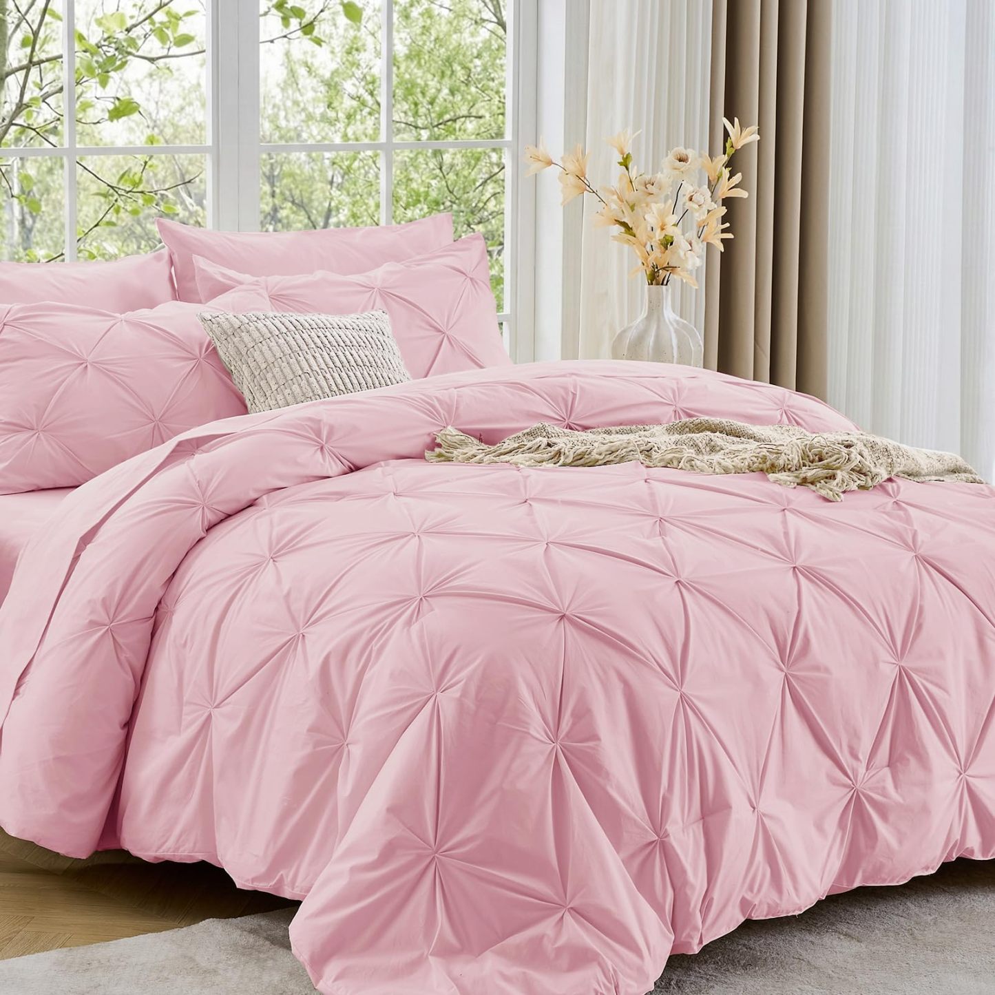 Sasttie Twin Comforter Set, 5-Piece Bed in a Bag, Pintuck Bedding Sets for All Season, Includes Comforter, Flat Sheet, Fitted Sheet, Pillowcase and Pillowsham, Baby Pink