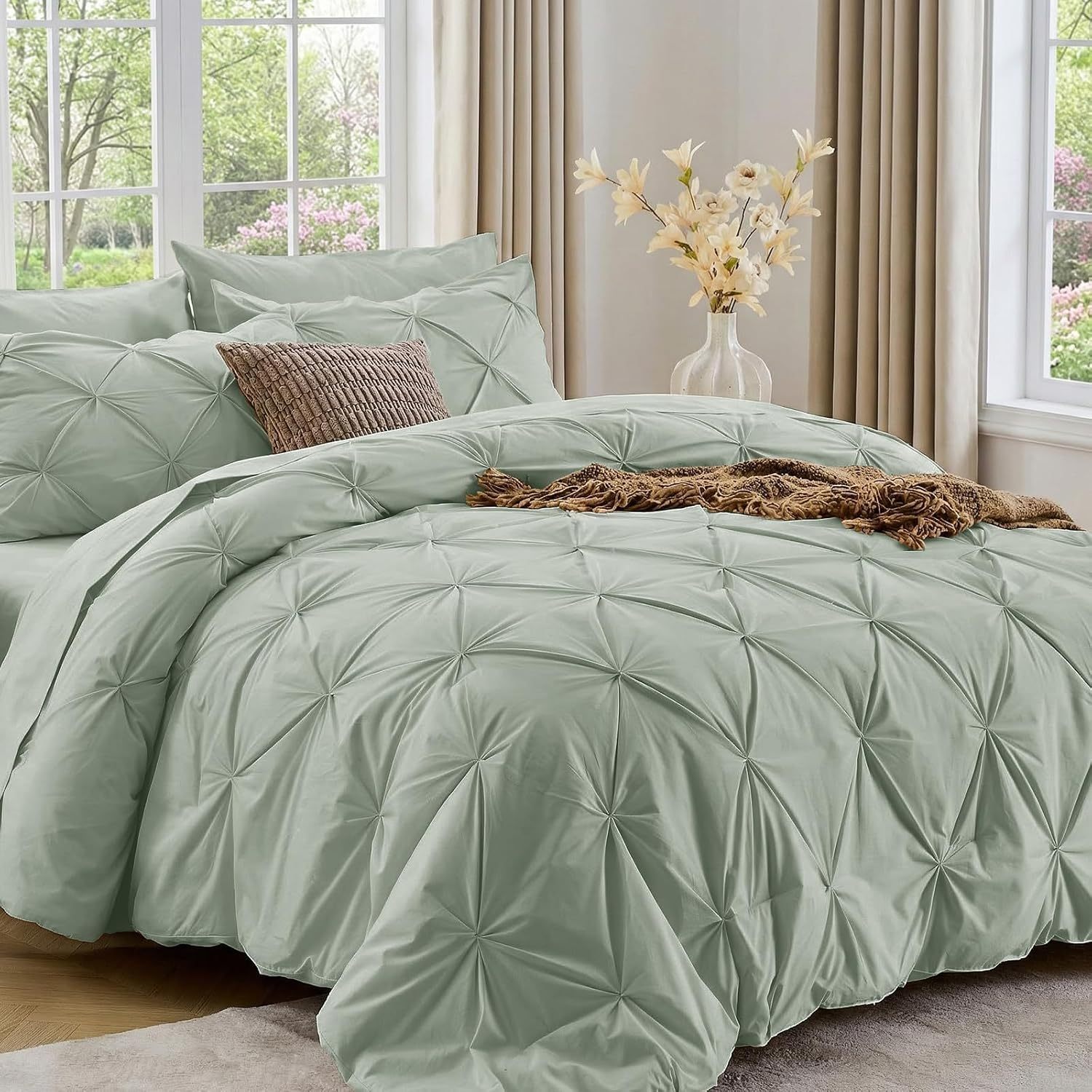Sasttie Queen Comforter Set, 7-Piece Bed in a Bag, Pintuck Bedding Sets for All Season, Includes Comforter, Flat Sheet, Fitted Sheet, Pillowcases and Pillowshams, Beige