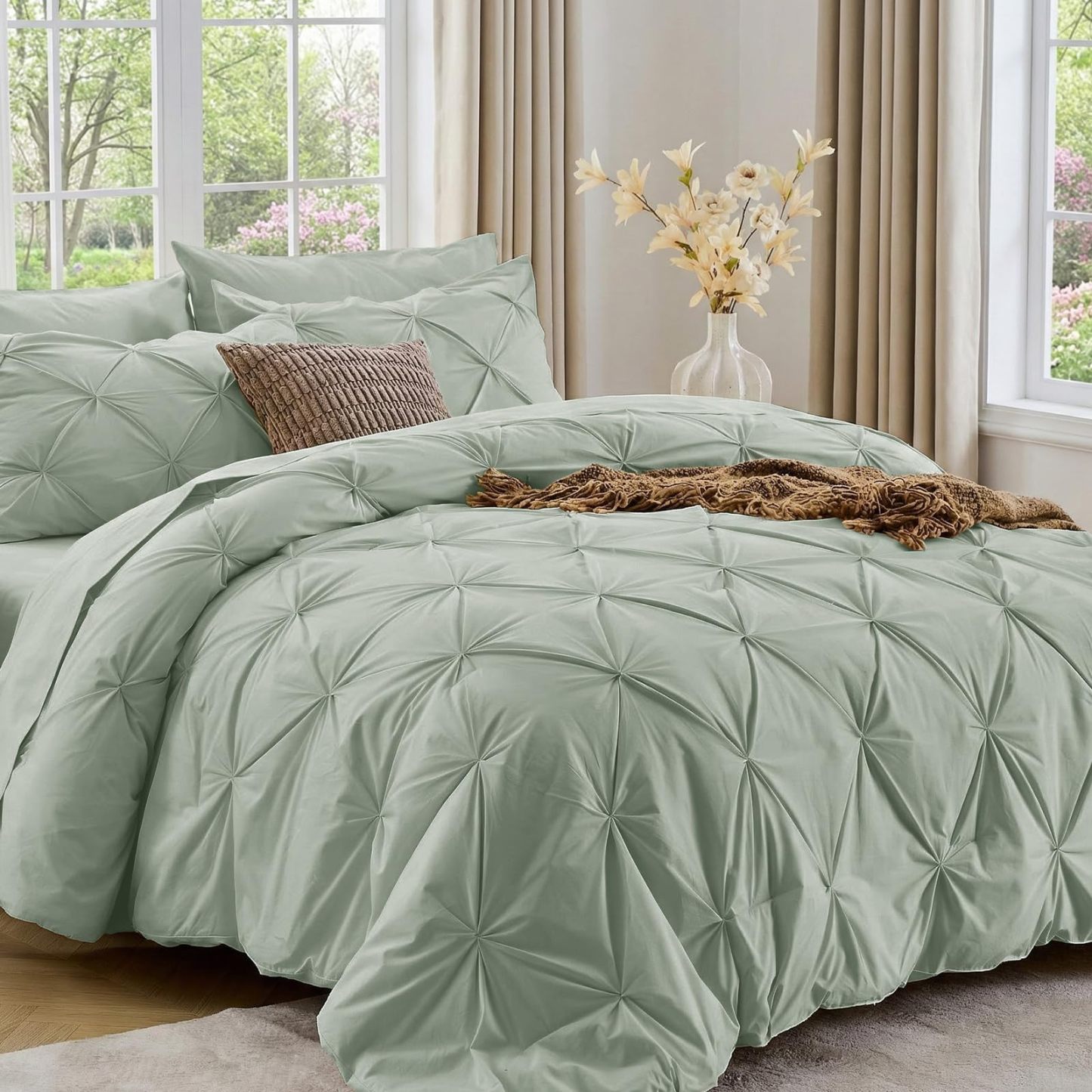 Sasttie Twin Comforter Set, 5-Piece Bed in a Bag, Pintuck Bedding Sets for All Season, Includes Comforter, Flat Sheet, Fitted Sheet, Pillowcase and Pillowsham, Baby Pink