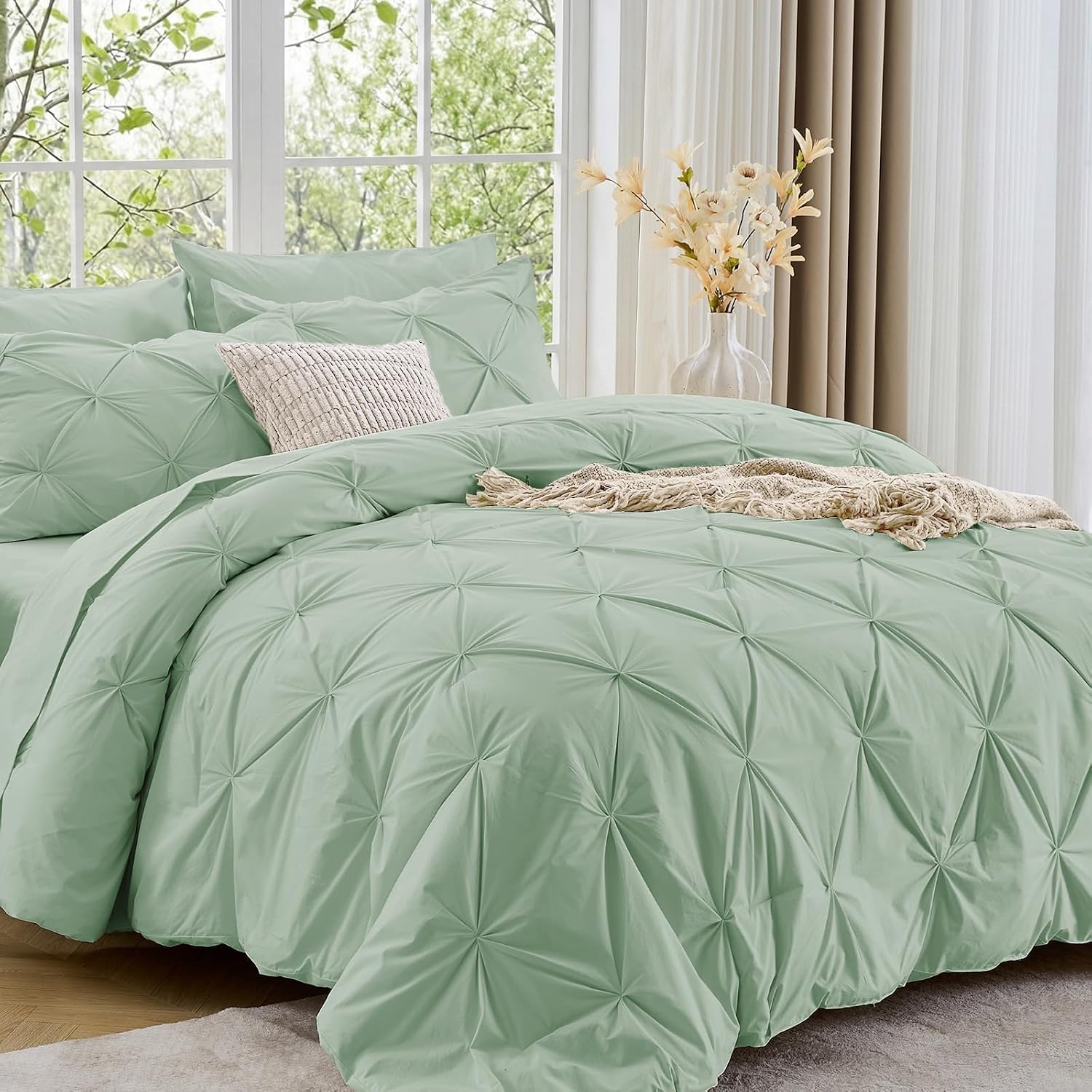 Sasttie Queen Comforter Set, 7-Piece Bed in a Bag, Pintuck Bedding Sets for All Season, Includes Comforter, Flat Sheet, Fitted Sheet, Pillowcases and Pillowshams, Beige