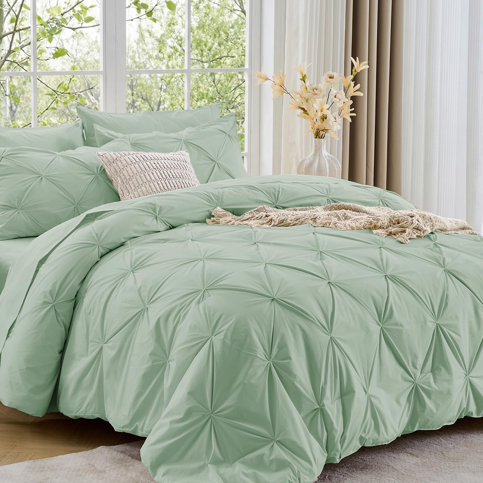 Sasttie Twin Comforter Set, 5-Piece Bed in a Bag, Pintuck Bedding Sets for All Season, Includes Comforter, Flat Sheet, Fitted Sheet, Pillowcase and Pillowsham, Baby Pink