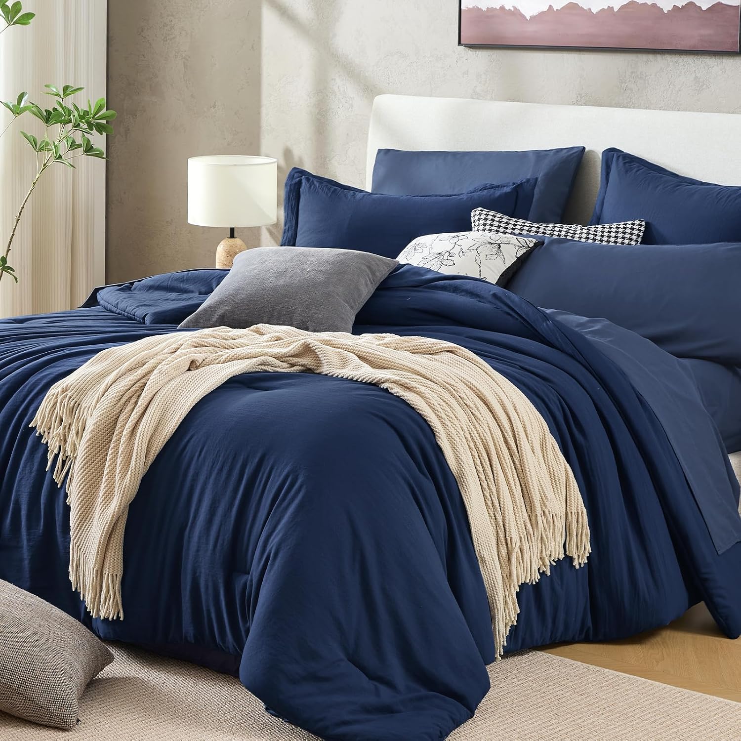 Sasttie Navy Blue Queen Comforter Set 7-Piece, Pre-Washed Bed in a Bag | OEKO-TEX, Soft & Breathable, All-Season Bedding Set with Comforter, Sheets, Pillowcases & Pillow Shams, Down Alternative
