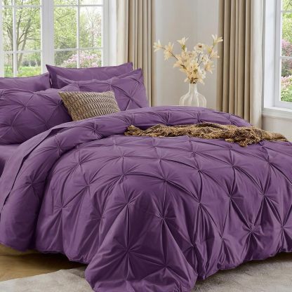 Sasttie Queen Comforter Set, 7-Piece Bed in a Bag, Pintuck Bedding Sets for All Season, Includes Comforter, Flat Sheet, Fitted Sheet, Pillowcases and Pillowshams, Beige