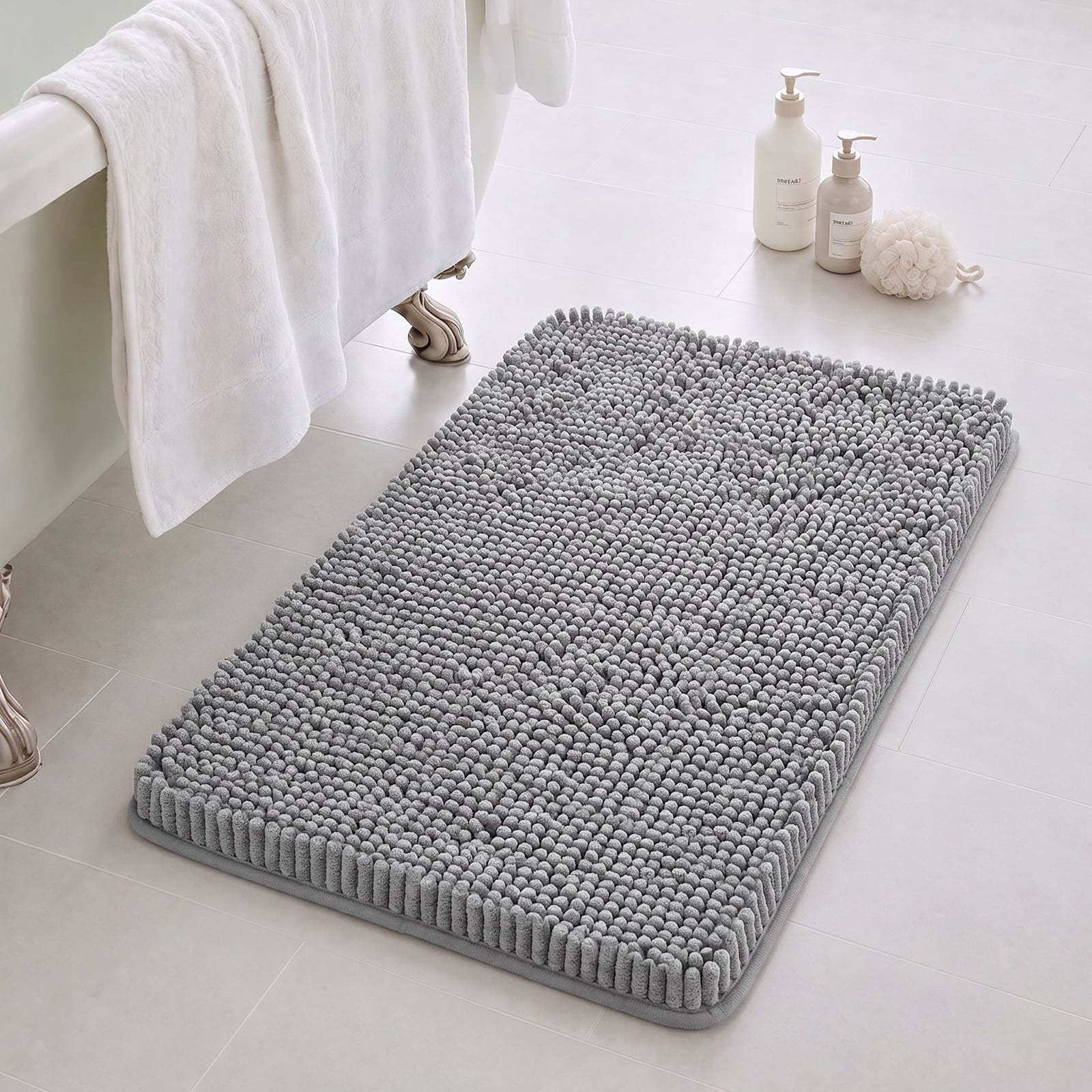 Sasttie Chenille Bathroom Rugs, Quick Dry Washable Bath Mats with Rubber Backing - 20" x 32" / Grey / 1 Pack