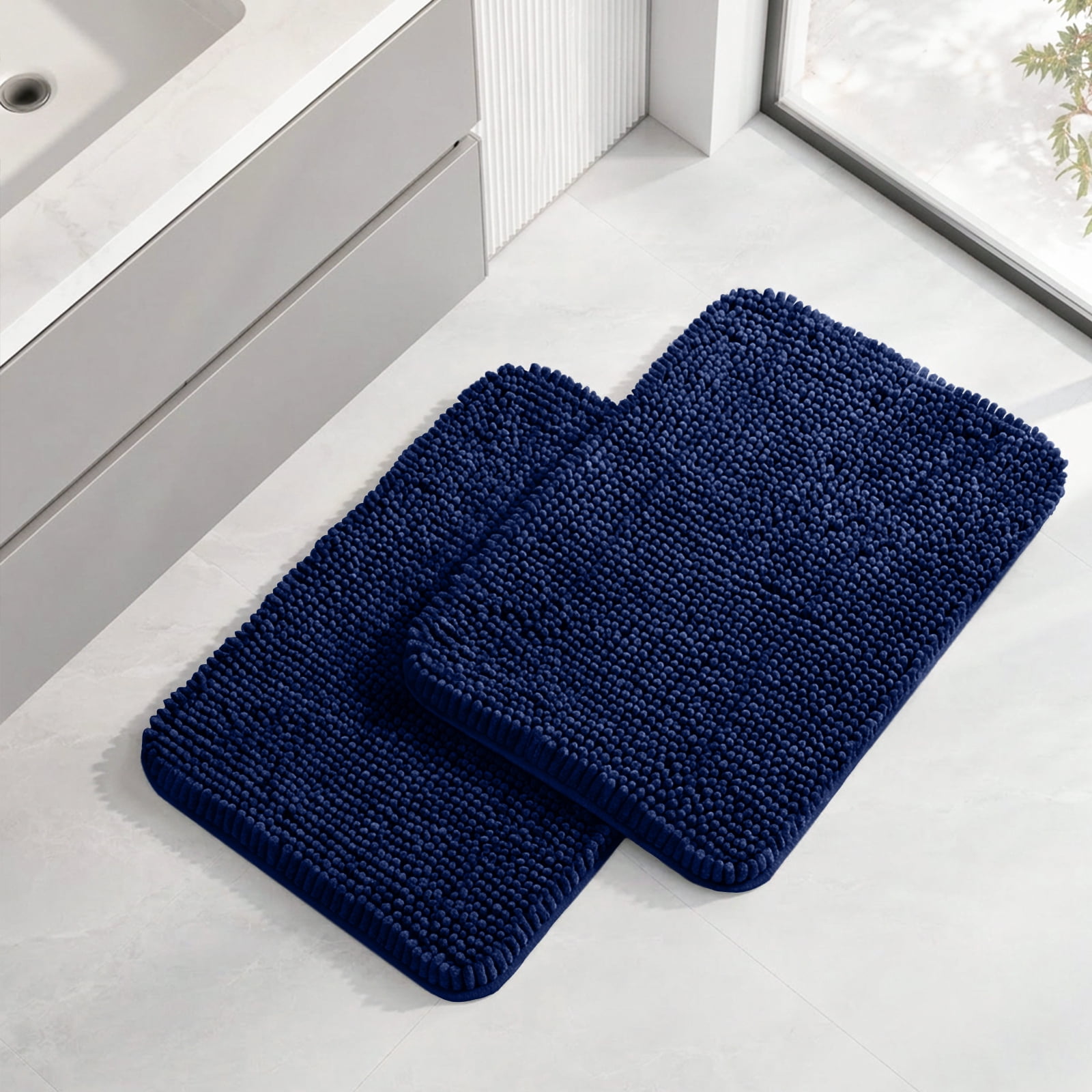 Sasttie Chenille Bathroom Rugs, Quick Dry Washable Bath Mats with Rubber Backing - 17" x 24" / Navy / 2 Pack