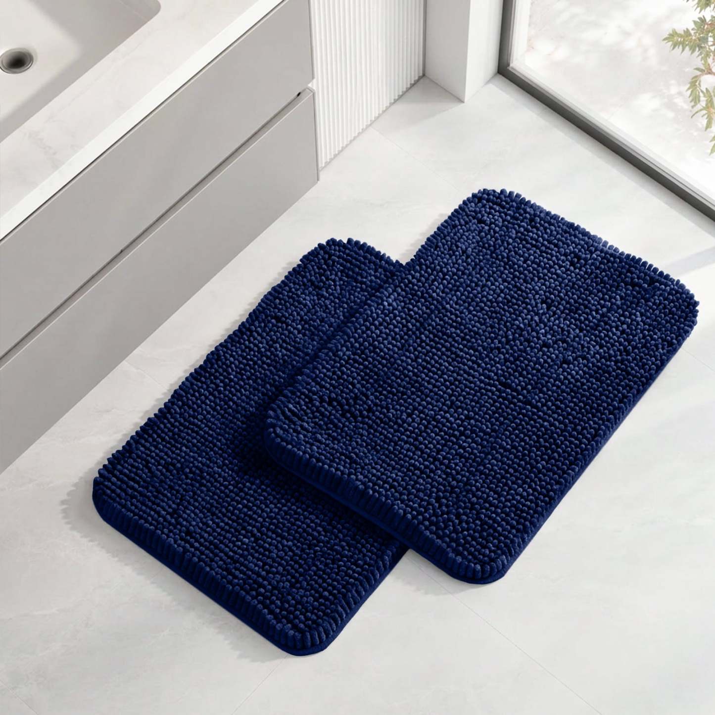 Sasttie Chenille Bathroom Rugs, Quick Dry Washable Bath Mats with Rubber Backing - 17" x 24" / Navy / 2 Pack