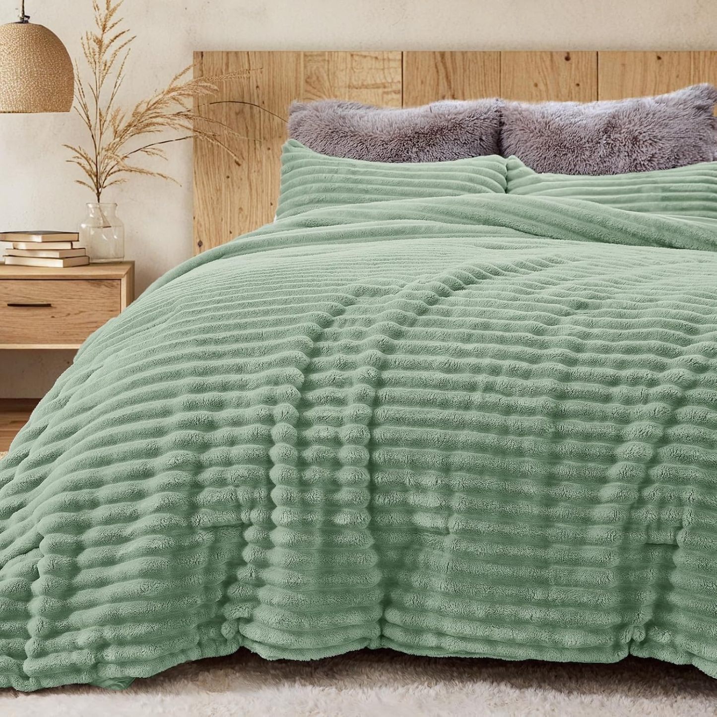 Sasttie Fluffy Queen Comforter Set, 3 PC Soft Fleece Bedding, Cream White | Marshmallow Bedding Set with 2 Pillowcases, Warm & Fuzzy Faux Fur Down Alternative, OEKO-TEX Certified
