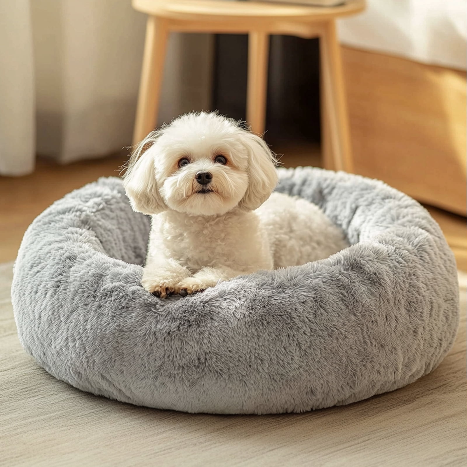 Sasttie Calming Donut Dog Bed, Washable Round Plush Faux Fur Pet Bed - 36 in / Smoke Grey