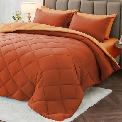 Sasttie 7-Piece Reversible Comforter Set, Bed in a Bag, All-Season Bedding Set - Queen / Burnt Orange & Camel