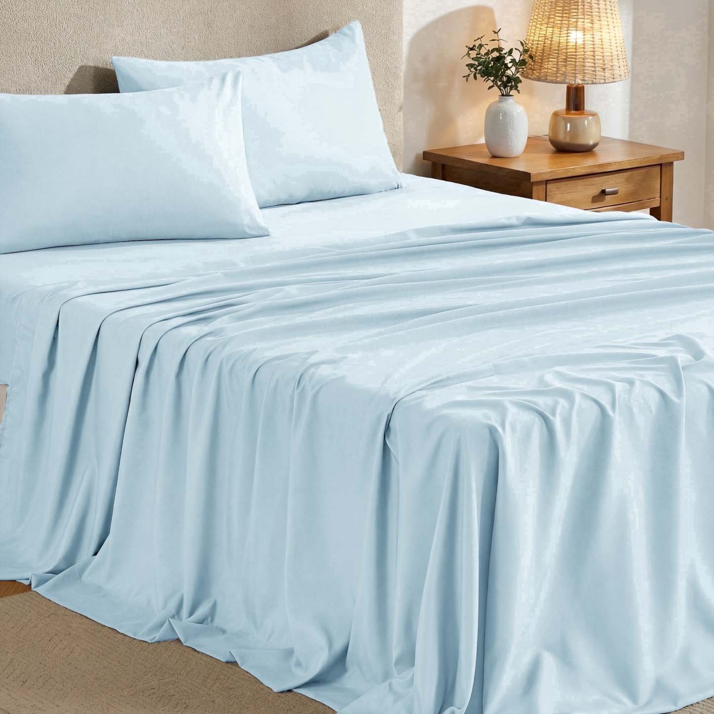 Sasttie 4-Piece Microfiber Bed Sheet Set, Deep Pocket Fitted Sheet & Pillowcases - Queen / Lake Blue