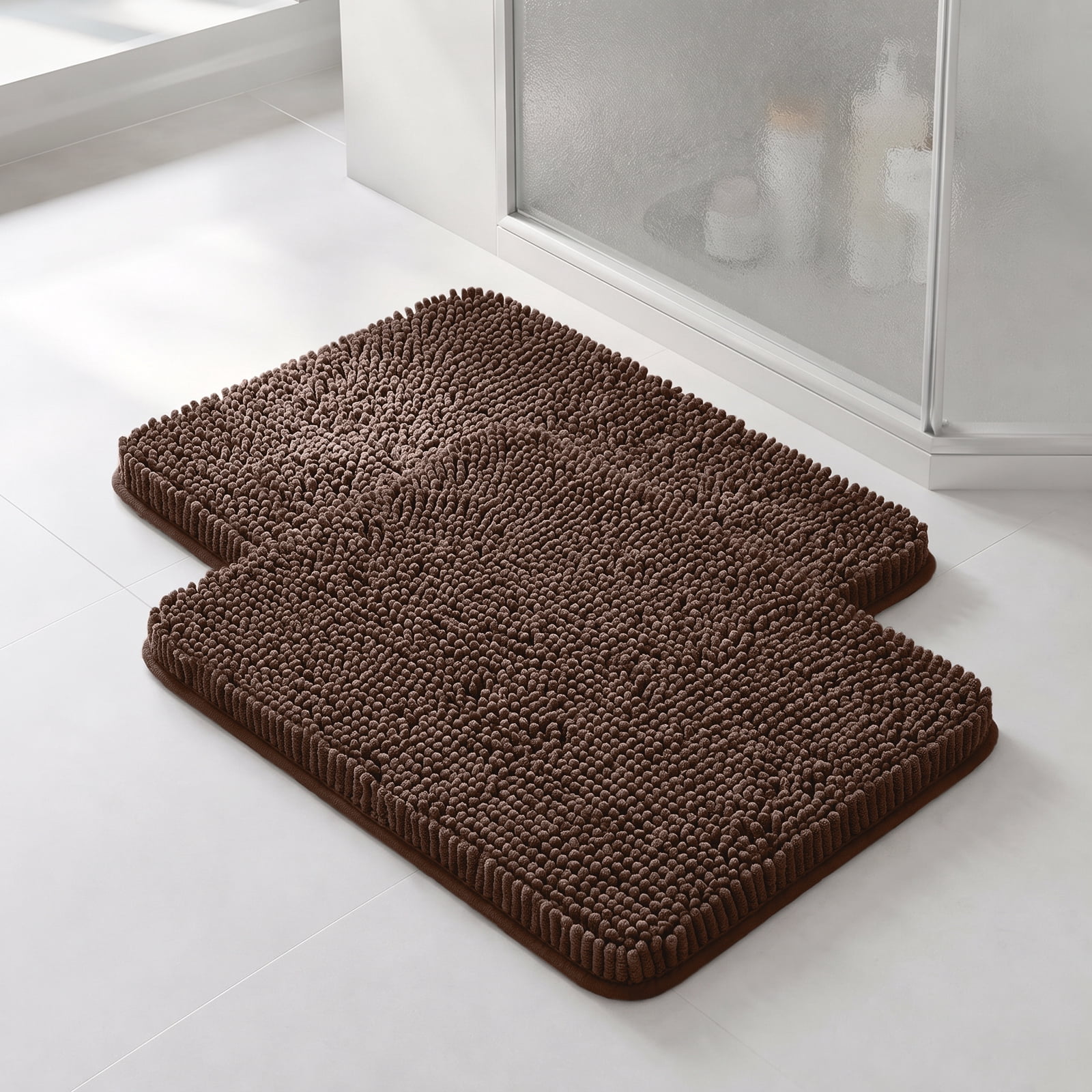 Sasttie Chenille Bathroom Rugs, Quick Dry Washable Bath Mats with Rubber Backing - 20" x 24" / Brown / 2 Pack