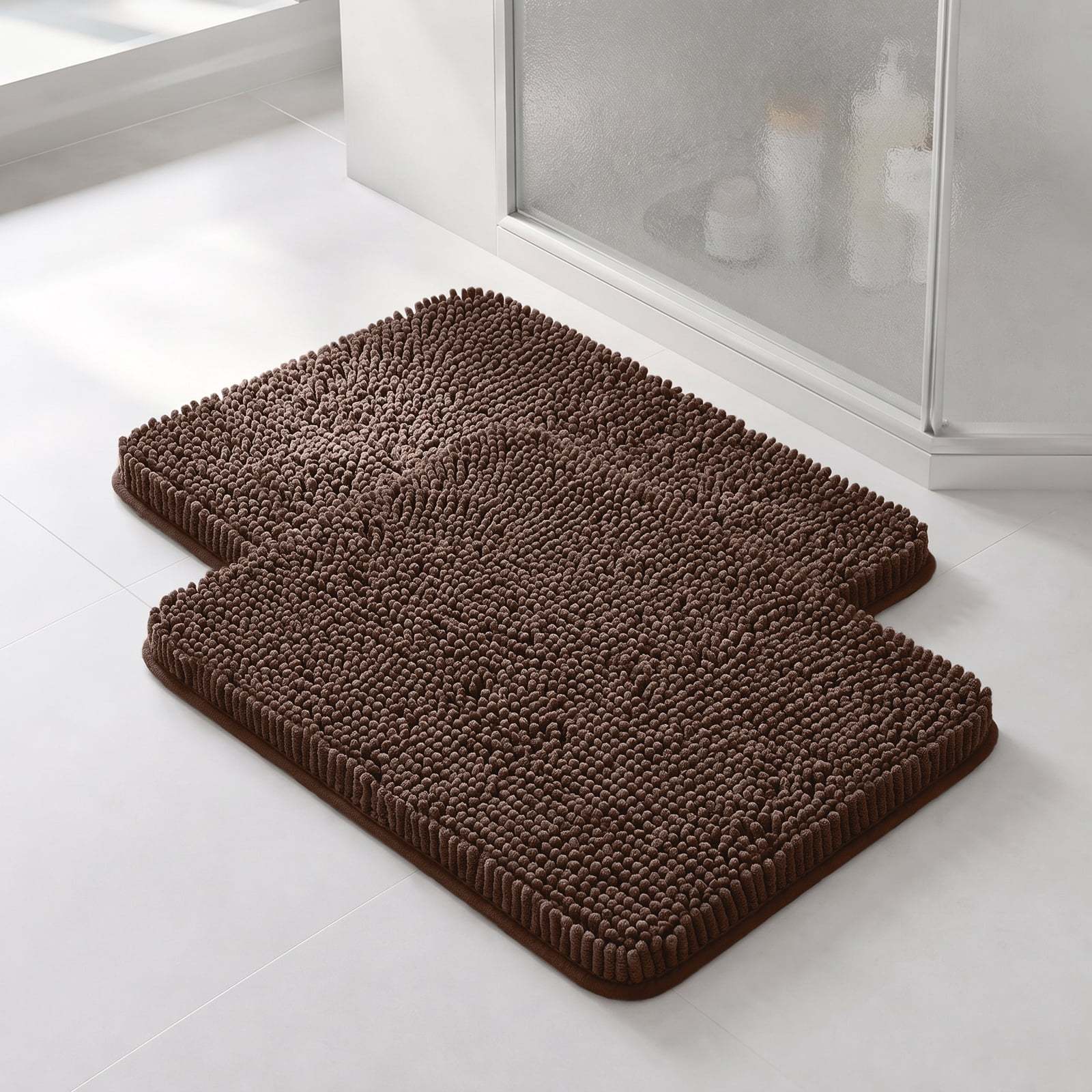 Sasttie Chenille Bathroom Rugs, Quick Dry Washable Bath Mats with Rubber Backing - 20" x 24" / Brown / 2 Pack