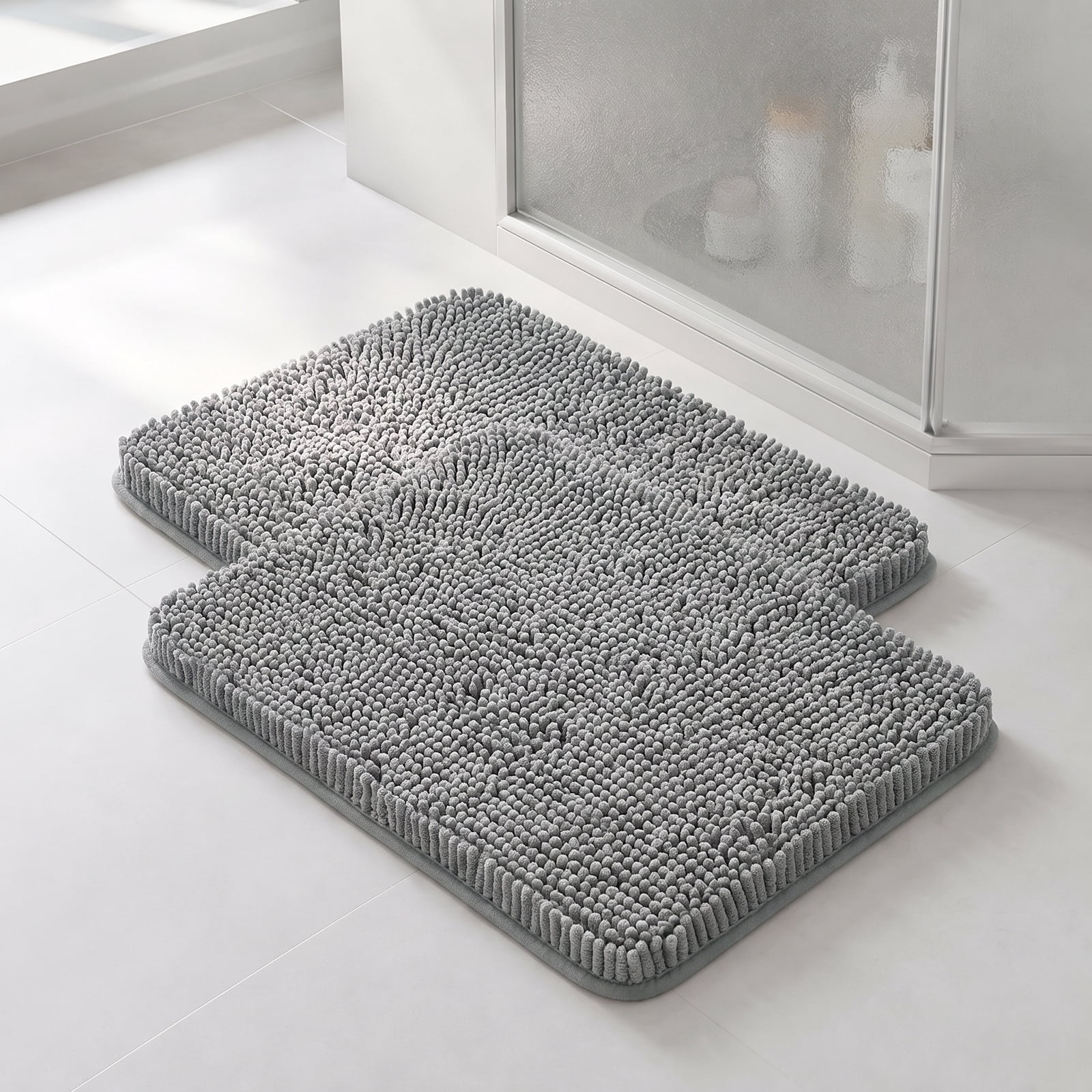 Sasttie Chenille Bathroom Rugs, Quick Dry Washable Bath Mats with Rubber Backing - 20" x 24" / Grey / 2 Pack