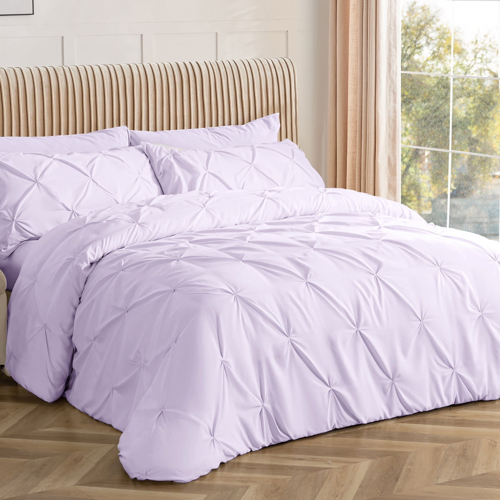 Sasttie 7-Piece Pintuck Comforter Set, Bed in a Bag, All-Season Bedding Set - Queen / Lavender