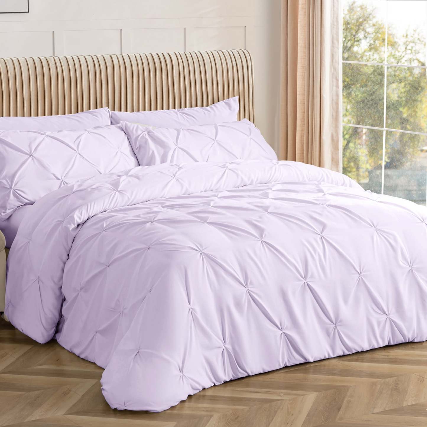 Sasttie 7-Piece Pintuck Comforter Set, Bed in a Bag, All-Season Bedding Set - Queen / Lavender