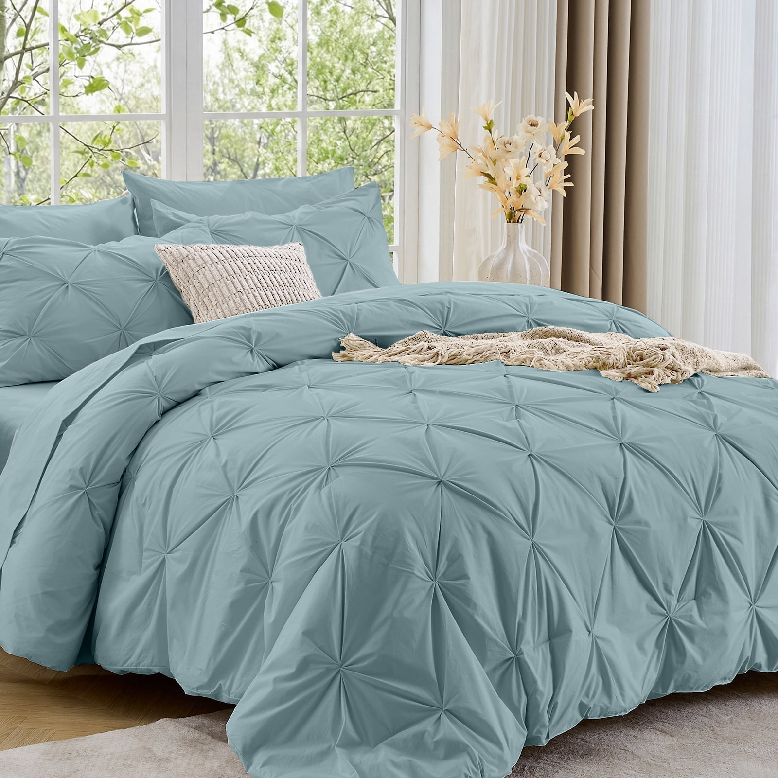 Sasttie 7-Piece Pintuck Comforter Set, Bed in a Bag, All-Season Bedding Set - King / Greyish Blue