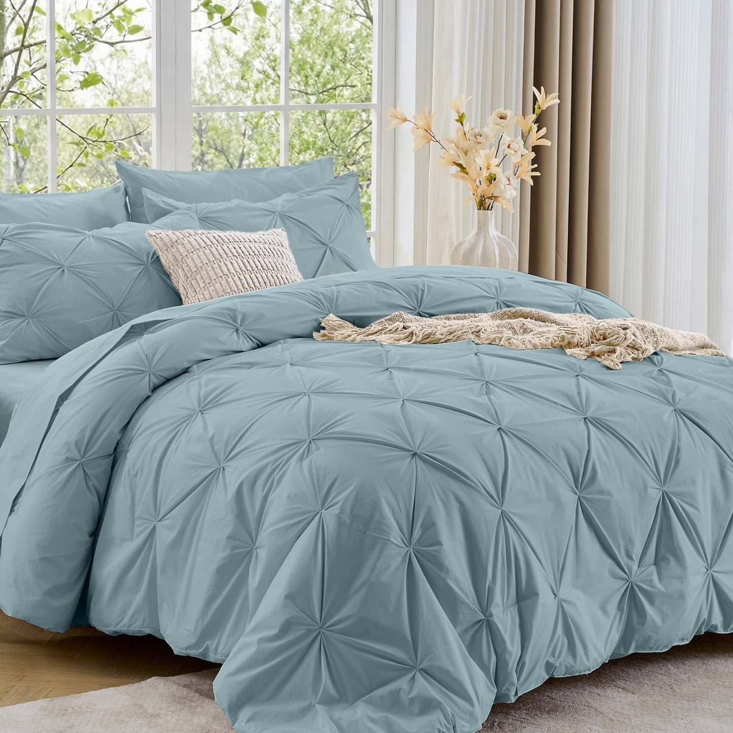 Sasttie 7-Piece Pintuck Comforter Set, Bed in a Bag, All-Season Bedding Set - King / Greyish Blue