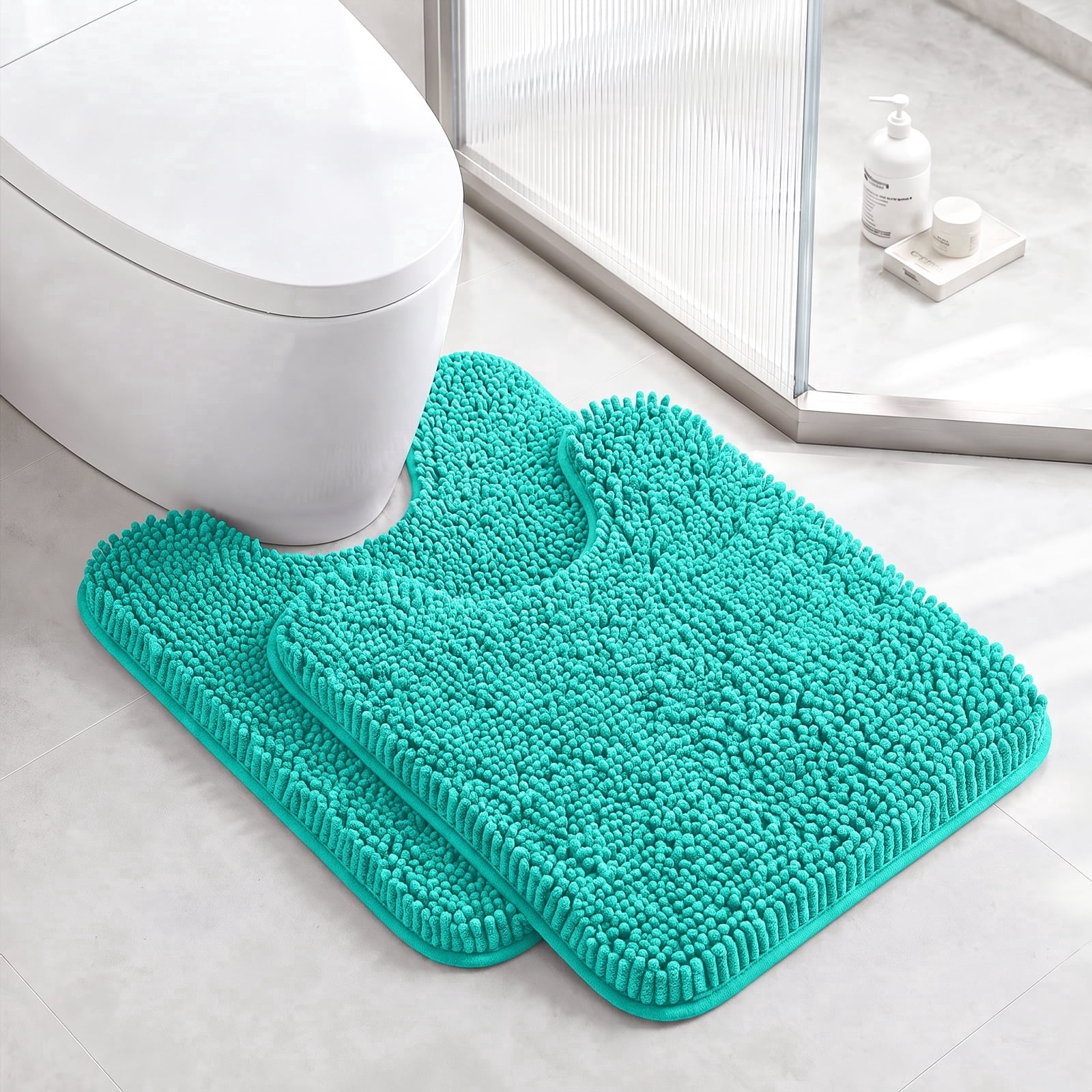 Sasttie Chenille Bathroom Rugs, Quick Dry Washable Bath Mats with Rubber Backing - 20" x 24" U-Shaped / Pine Green / 2 Pack