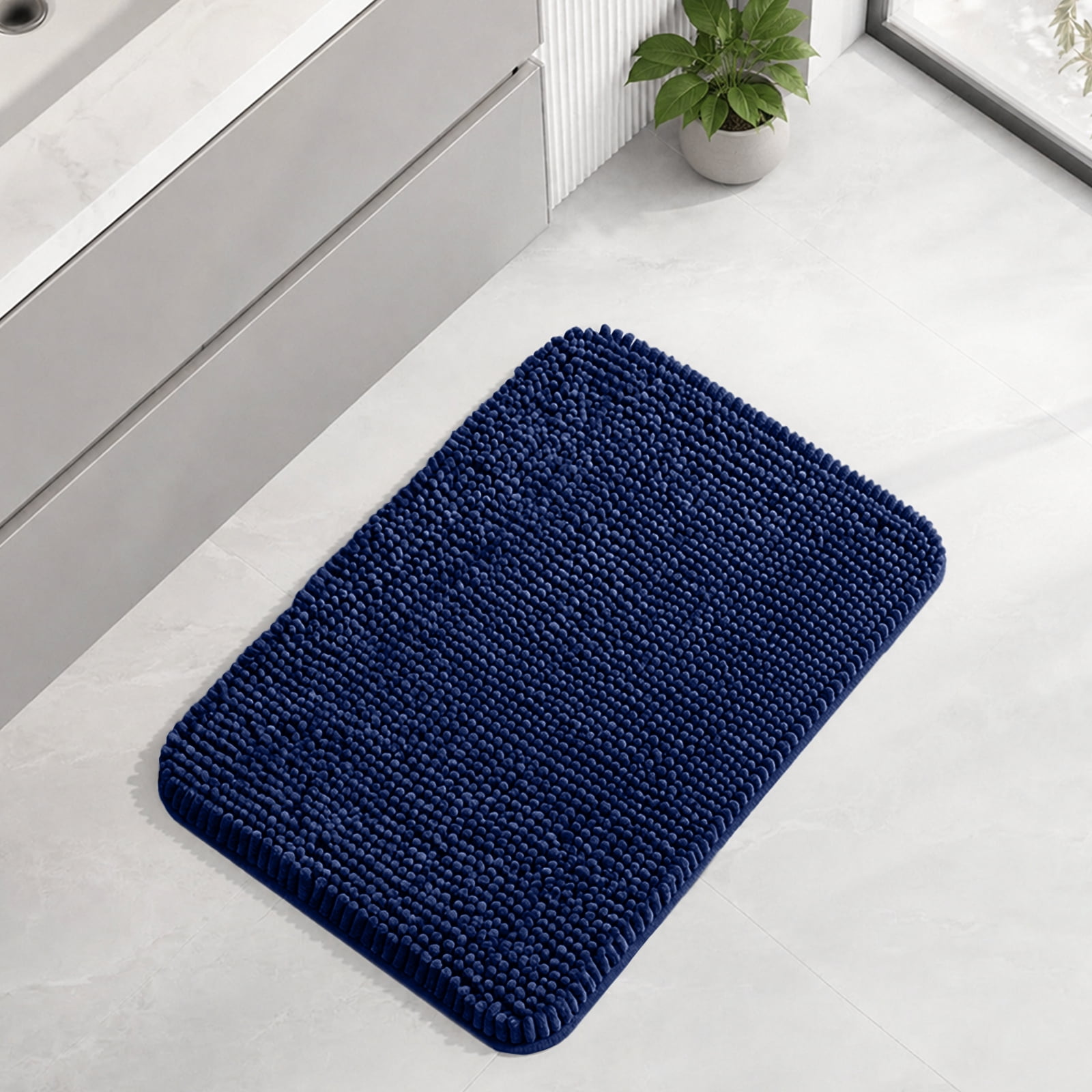 Sasttie Chenille Bathroom Rugs, Quick Dry Washable Bath Mats with Rubber Backing - 17" x 24" / Navy / 1 Pack