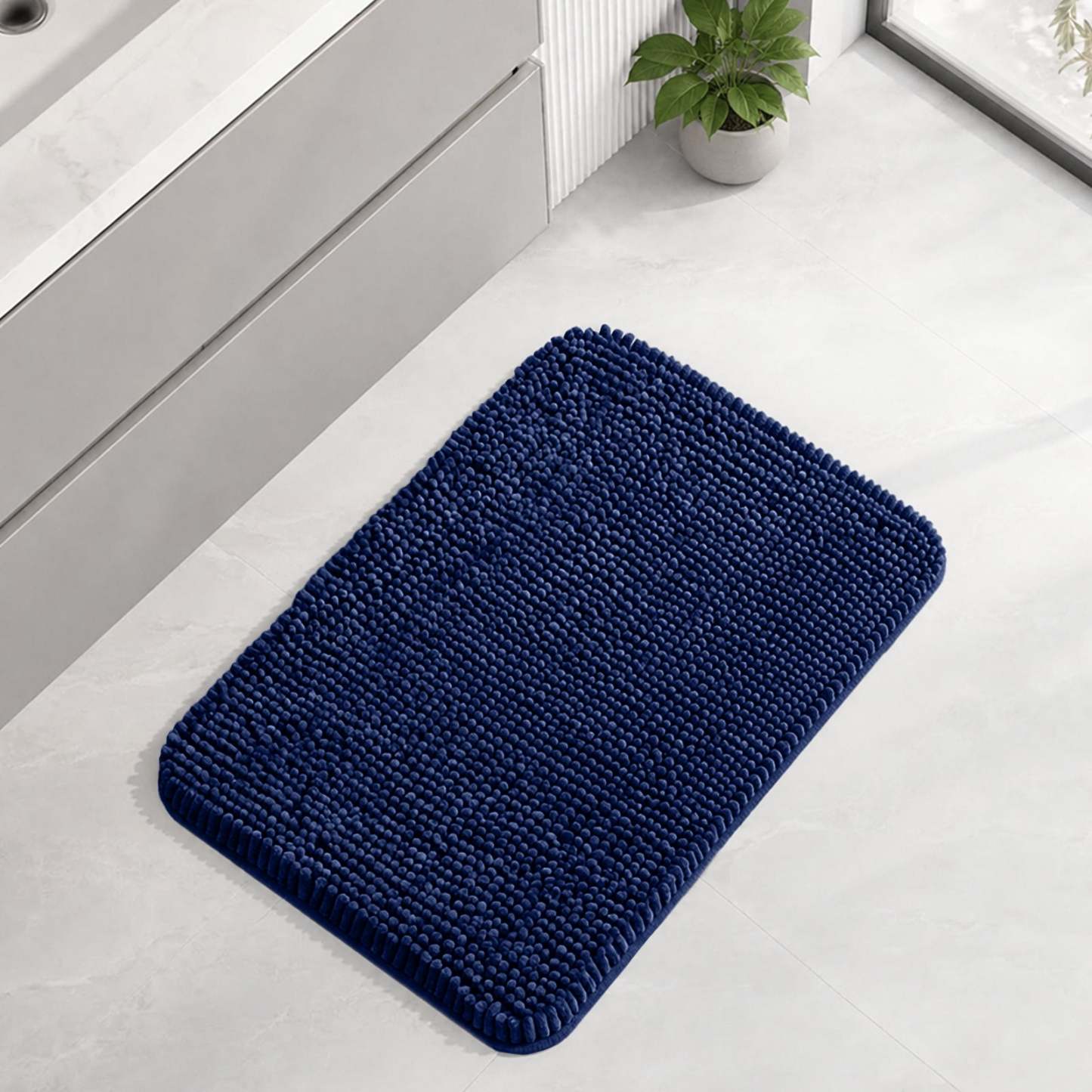 Sasttie Chenille Bathroom Rugs, Quick Dry Washable Bath Mats with Rubber Backing - 17" x 24" / Navy / 1 Pack