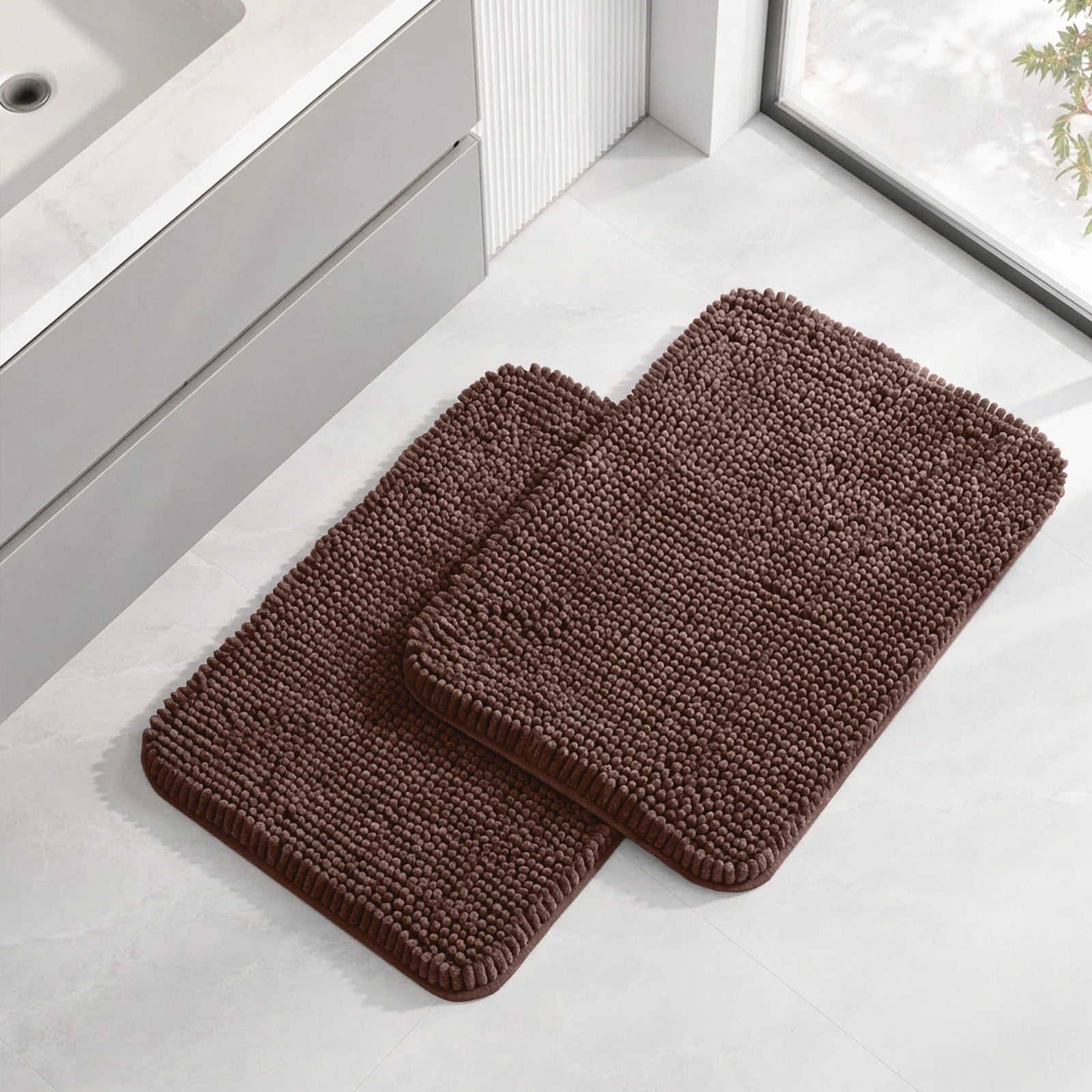 Sasttie Chenille Bathroom Rugs, Quick Dry Washable Bath Mats with Rubber Backing - 17" x 24" / Brown / 2 Pack