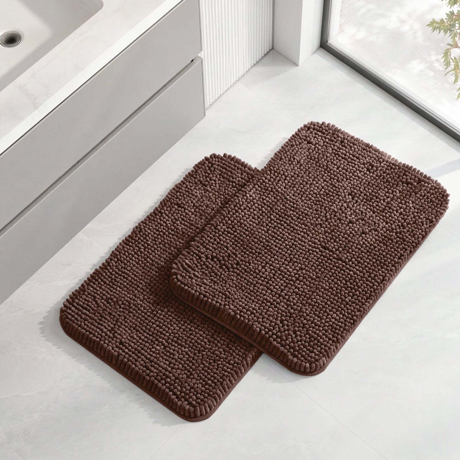 Sasttie Chenille Bathroom Rugs, Quick Dry Washable Bath Mats with Rubber Backing - 17" x 24" / Brown / 2 Pack