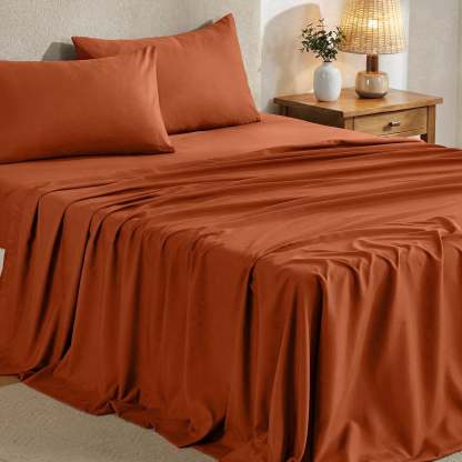 Sasttie 4-Piece Microfiber Bed Sheet Set, Deep Pocket Fitted Sheet & Pillowcases - Queen / Burnt Orange