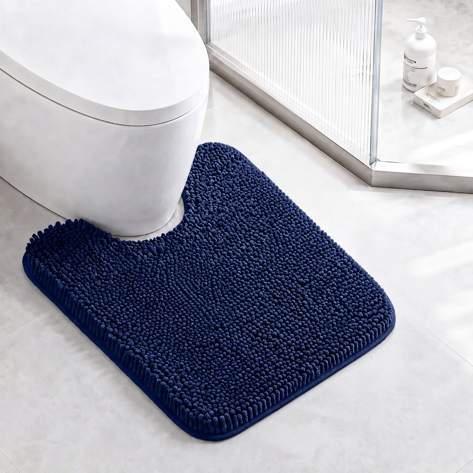 Sasttie Chenille Bathroom Rugs, Quick Dry Washable Bath Mats with Rubber Backing - 20" x 24" U-Shaped / Navy / 1 Pack