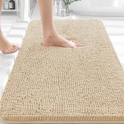 Sasttie Chenille Bathroom Rugs, Quick Dry Washable Bath Mats with Rubber Backing - 20" x 24" U-Shaped / Beige / 2 Pack