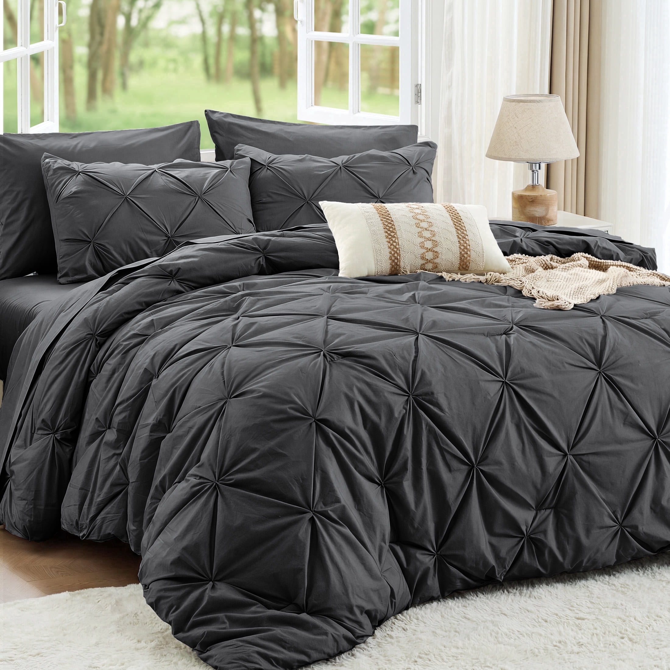 Sasttie 7-Piece Pintuck Comforter Set, Bed in a Bag, All-Season Bedding Set - King / Dark Grey