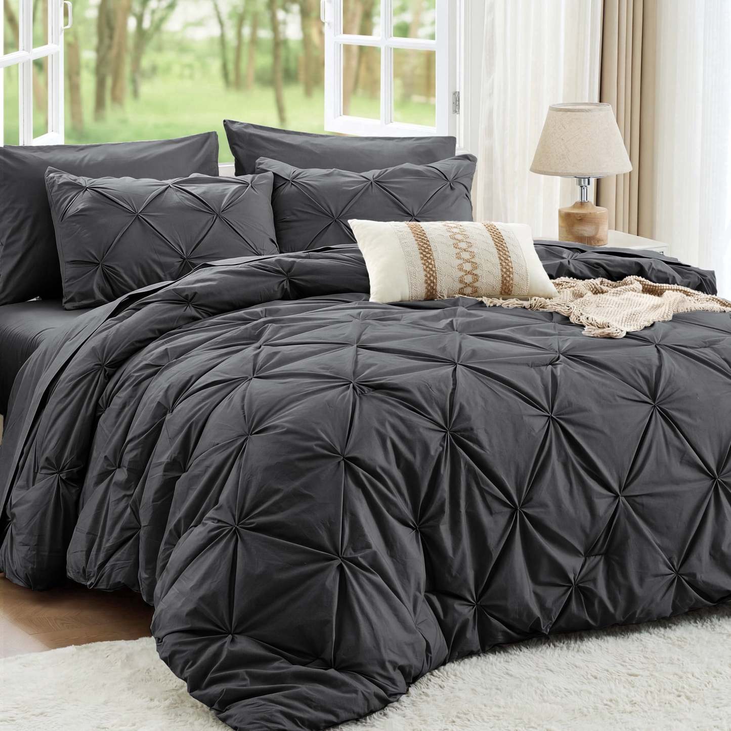 Sasttie 7-Piece Pintuck Comforter Set, Bed in a Bag, All-Season Bedding Set - King / Dark Grey