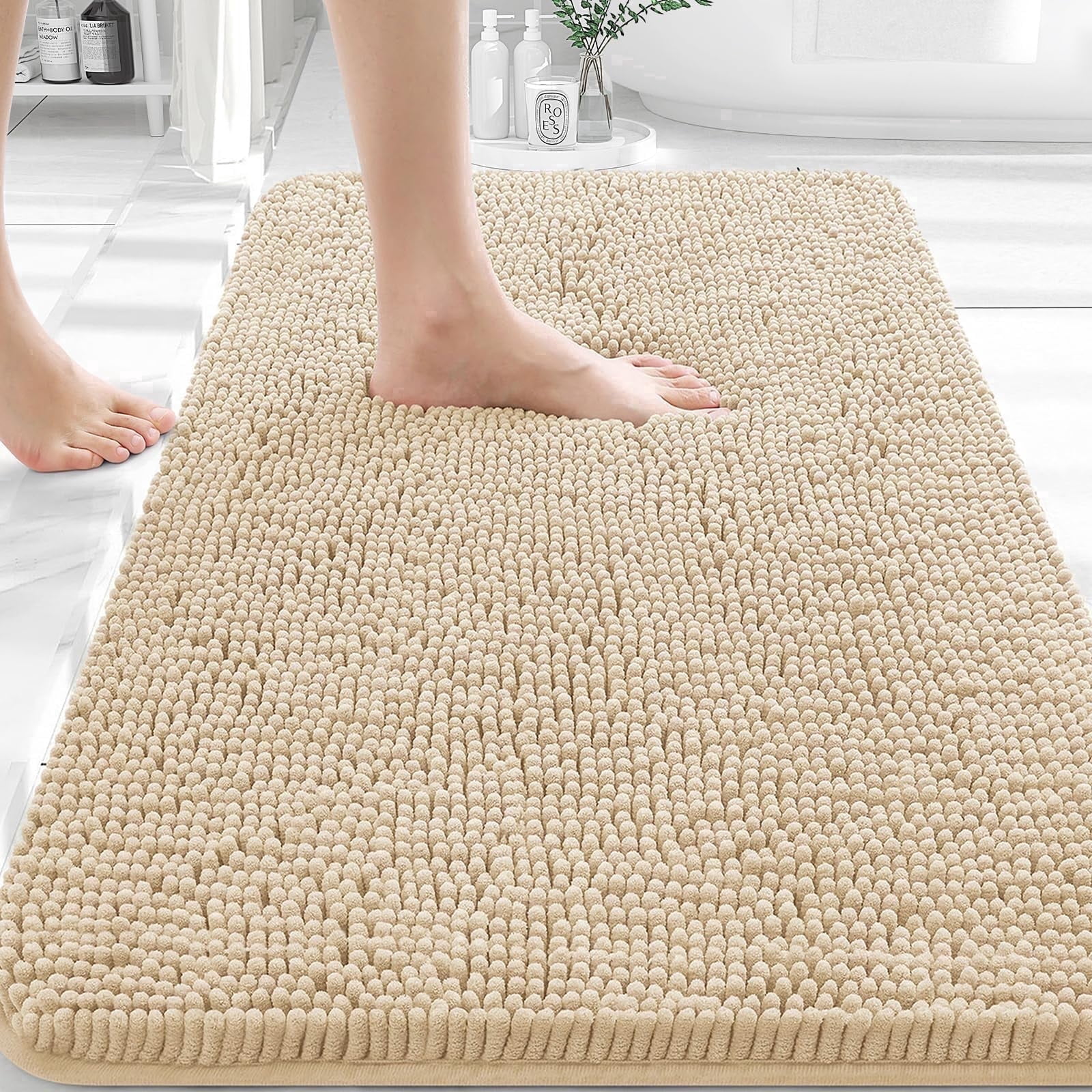Sasttie Chenille Bathroom Rugs, Quick Dry Washable Bath Mats with Rubber Backing - 20" x 24" / Beige / 1 Pack