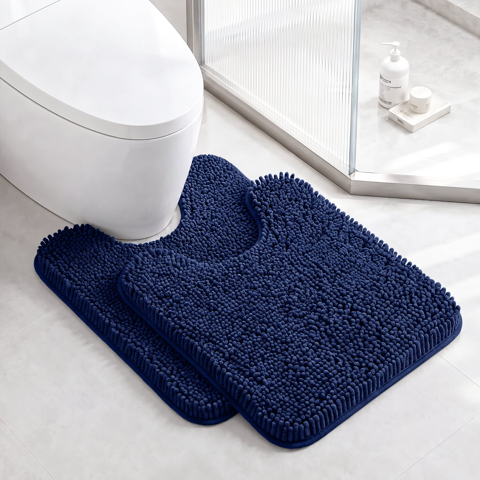 Sasttie Chenille Bathroom Rugs, Quick Dry Washable Bath Mats with Rubber Backing - 20" x 24" U-Shaped / Navy / 2 Pack